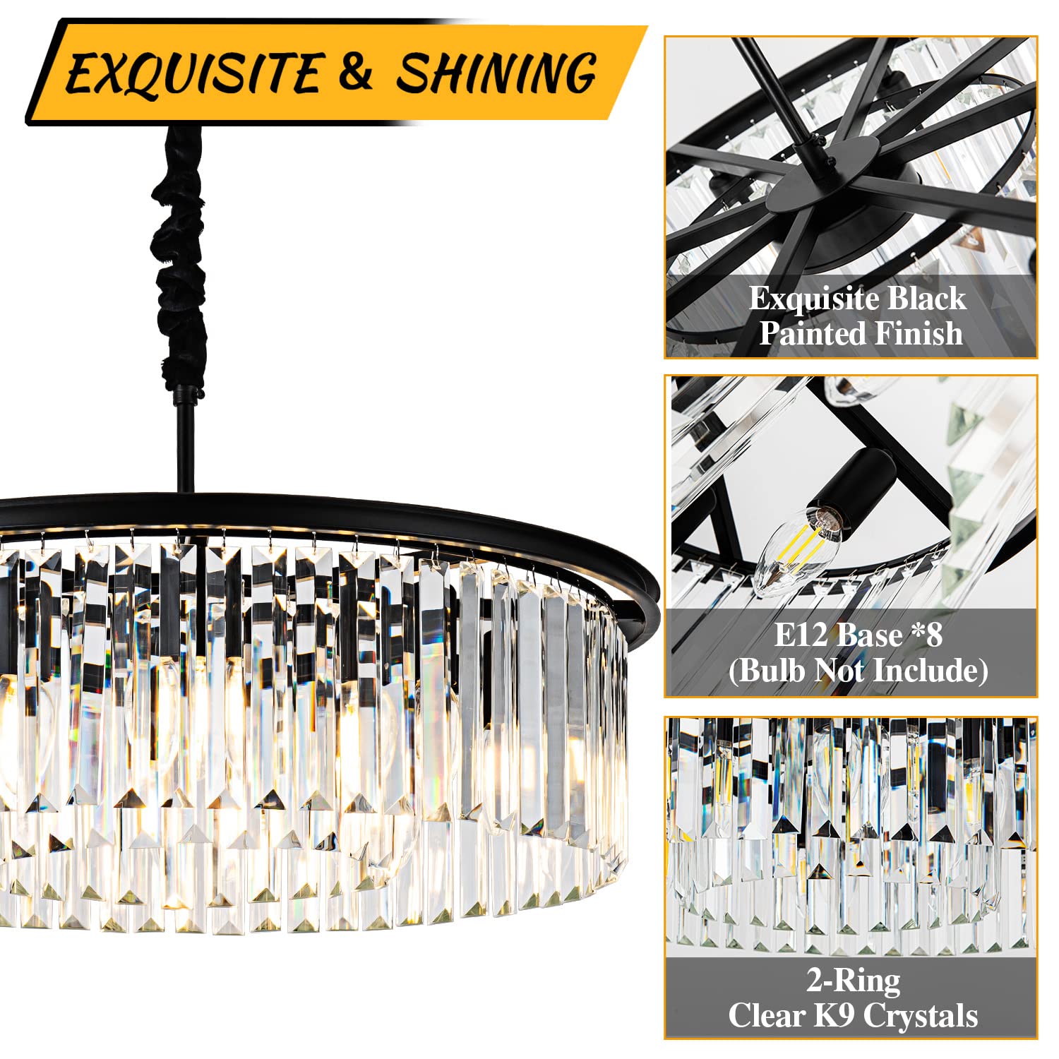 23" 8-Light Modern Crystal Chandelier Light Fixtures 2 Rings Gold Luxury Chandeliers for Dining Room Round Hanging Pendant Lighting for Living Room Kitchen Entryway Bedroom