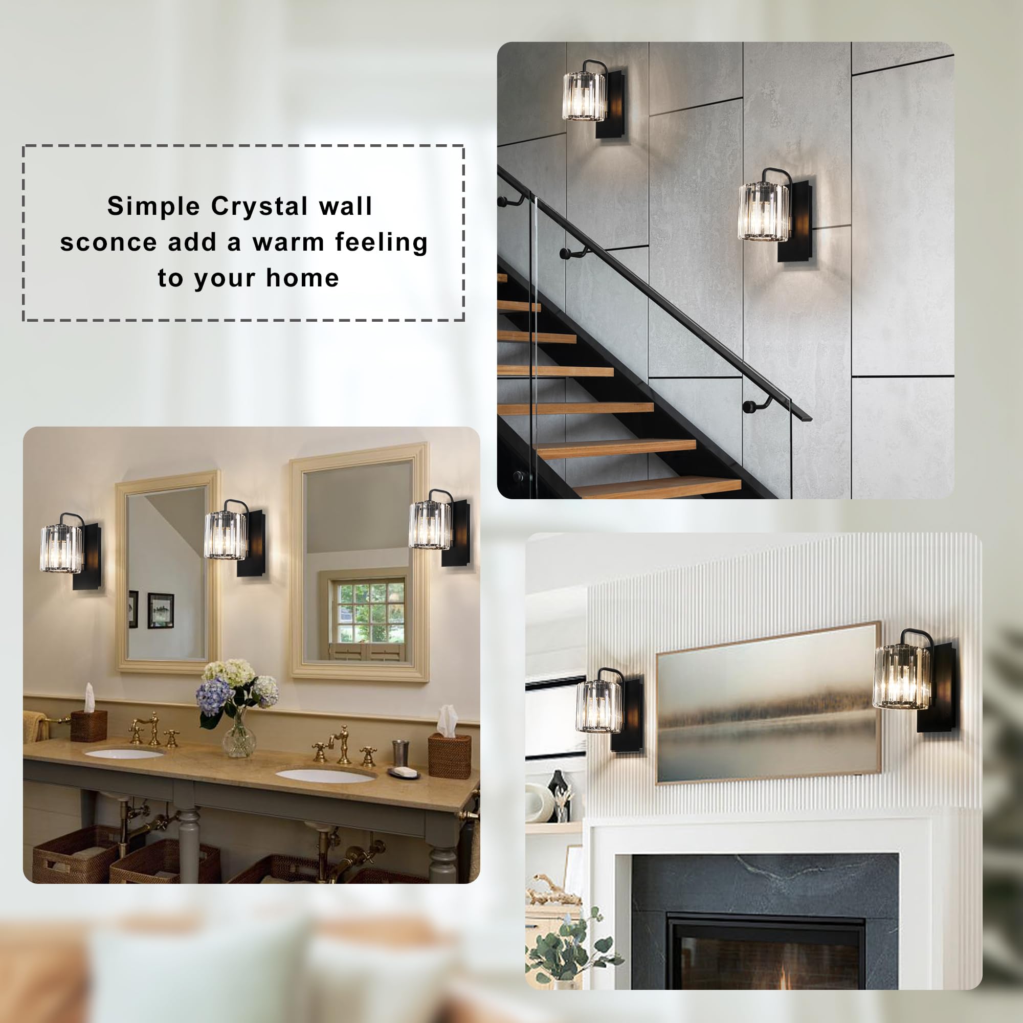 Crystal Wall Sconces,Black Wall Light Fixtures,Bedroom Wall Lights with Glass Shade,Modern Sconces Wall Lighting Black Sconce for Living Room Bathroom