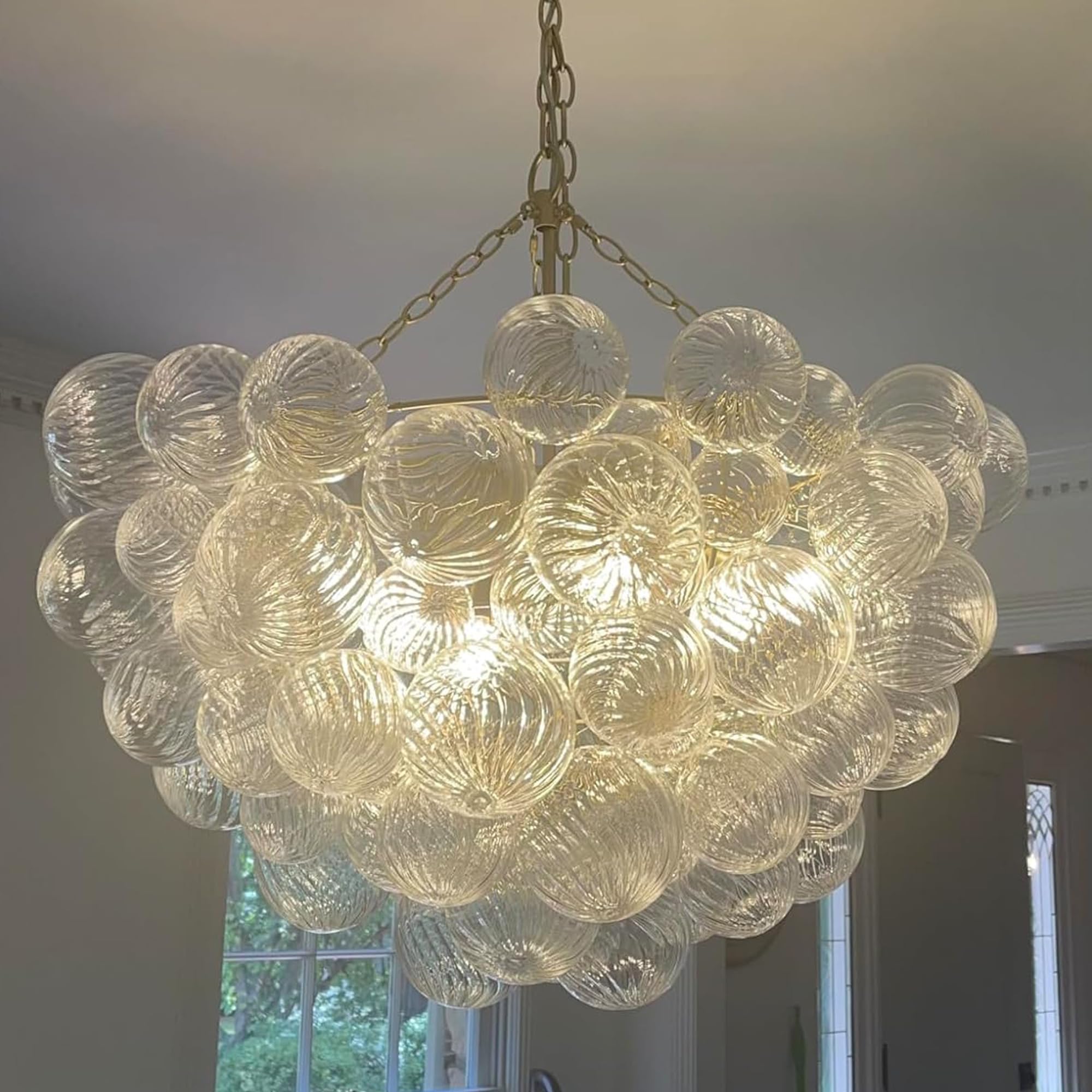 Semi Flush Mount Ceiling Bubble Ball Chandelier Lighting Dia 20 Inch Gold Clear Ribbed Blown Glass Chandeliers Ceiling Medallions Light Fixtures for Bedroom, Living Room, Entry, Bathroom