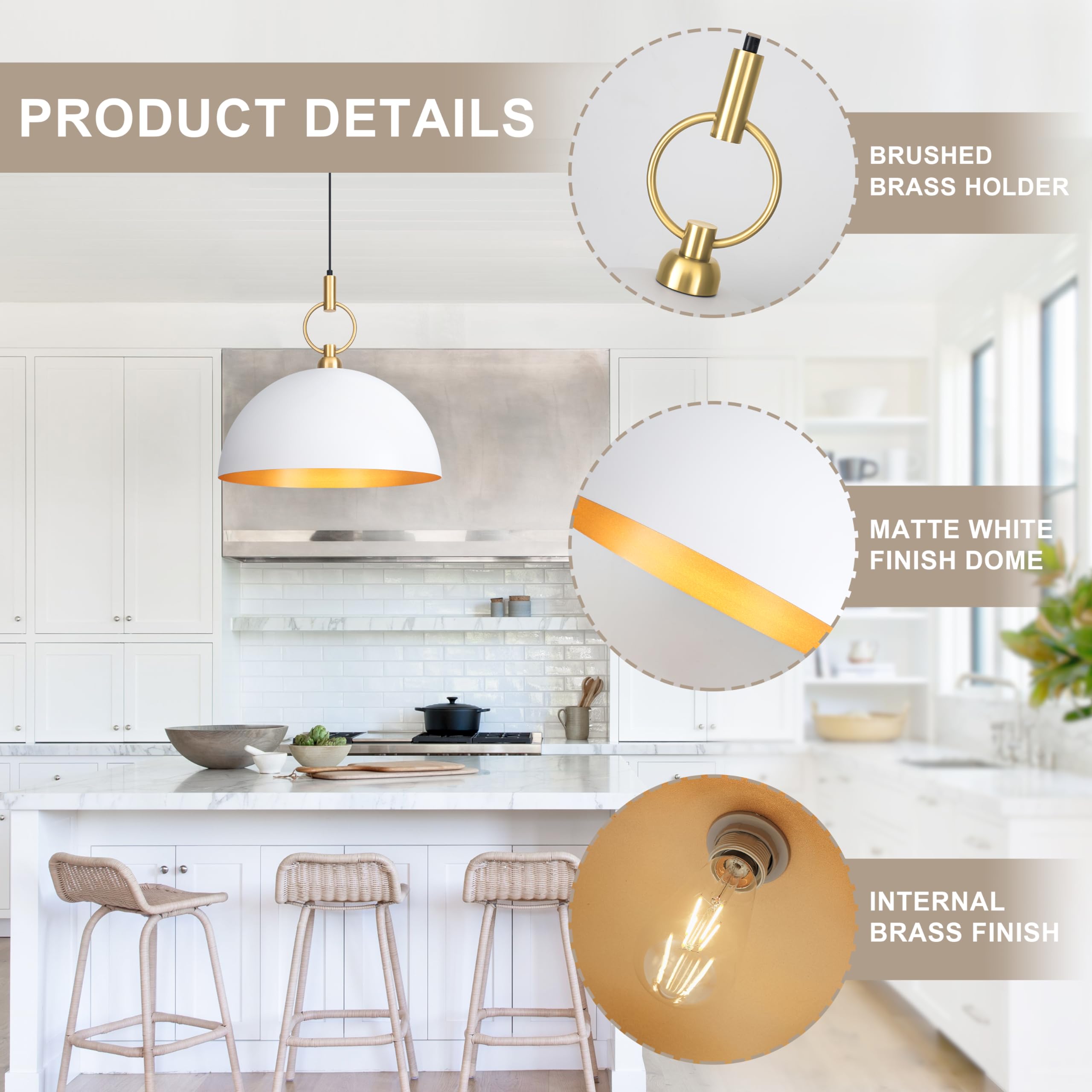 19.6 inch Farmhouse Large White Pendant Light Fixture Industrial Dome Pendant Lighting for Kitchen Island Dining Room Hallway Entry Bedroom Bar