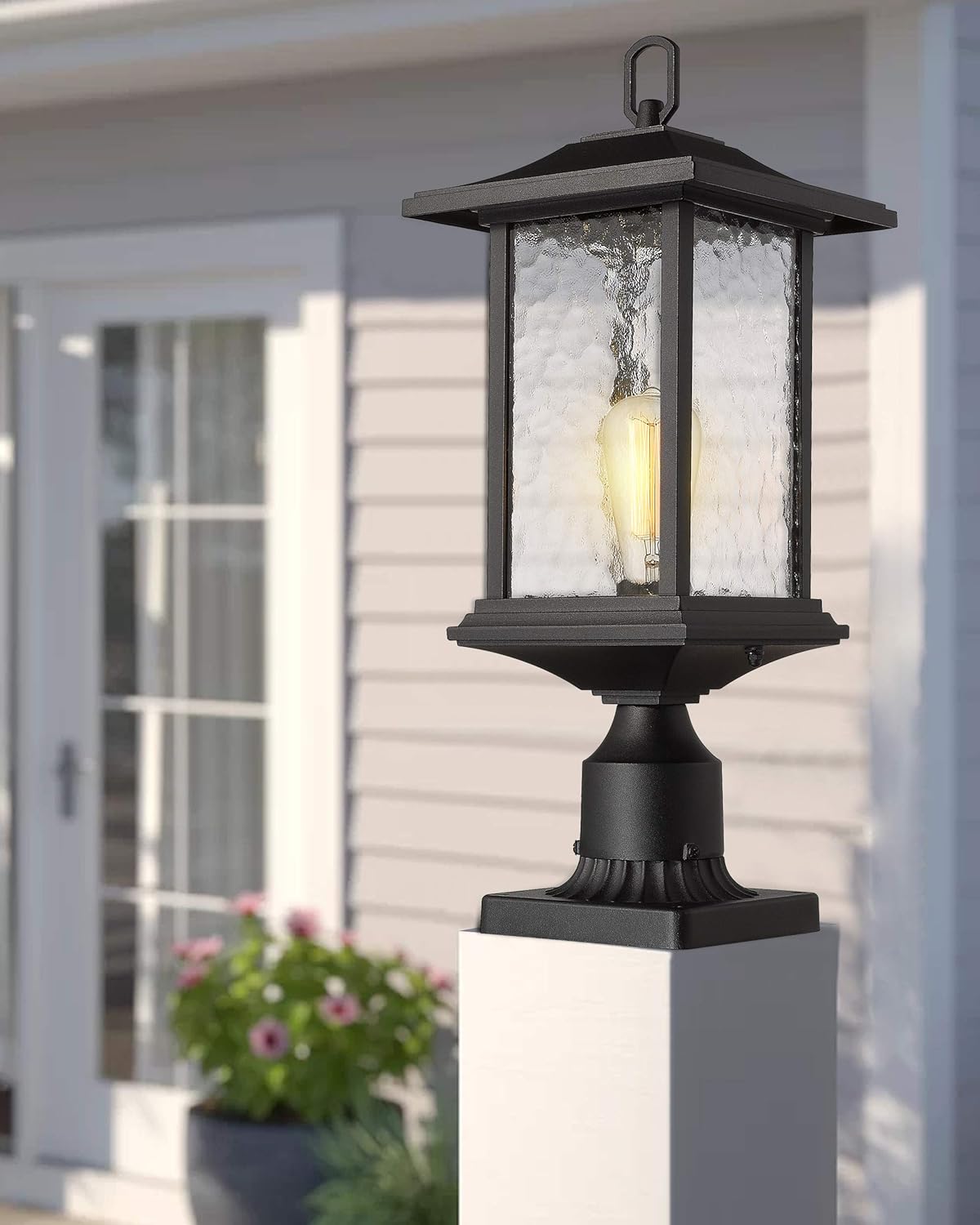 Outdoor Pendant Lights for Porch, 14"H Large Exterior Hanging Lantern Chandelier, Black Cast Aluminum w/Water Glass - A272H-1PK