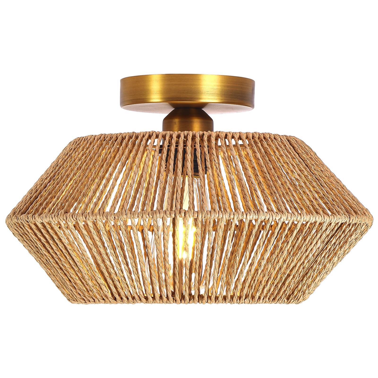 Woven Rattan Ceiling Light Fixtures Boho Semi Flush Mount Ceiling Light Hand-Woven Cage Natural Mini Chandelier Retro Light Fixture for Bedroom Hallway Entryway Farmhouse (Antique Brass)