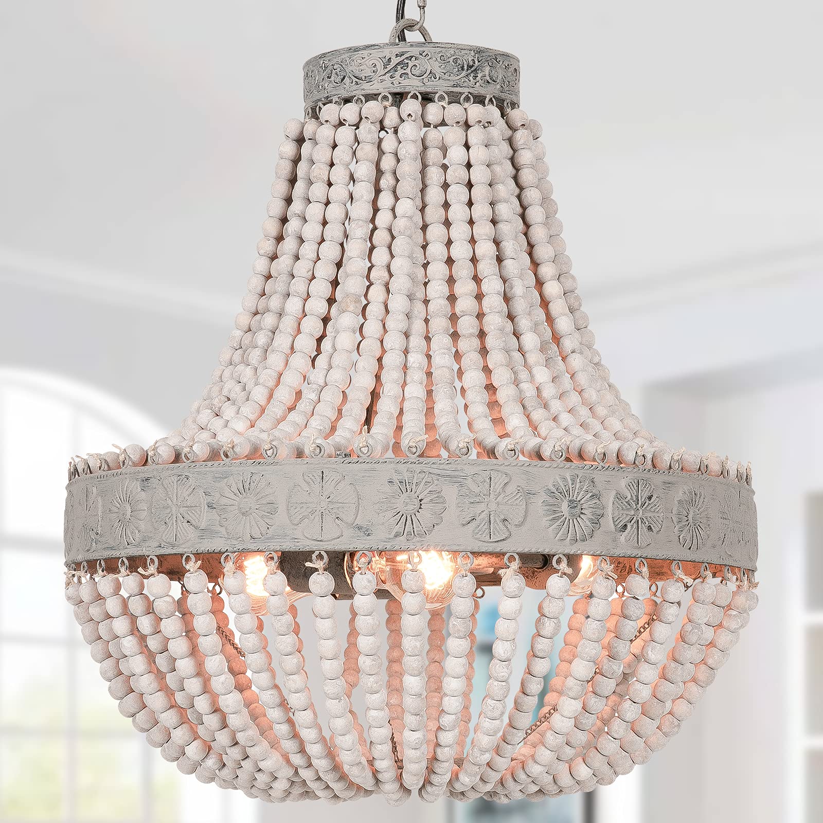 Wood Beaded Chandelier, 20" Boho Light Fixtures with 3-Lights, Adjustable Rustic Vintage Farmhouse Pendant Light for Bedroom, Living Room, Dining Room