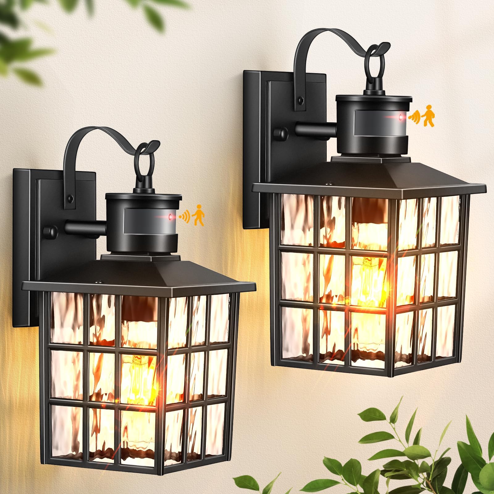 White Motion Sensor Exterior Wall Lantern, 2 Pack Dusk to Dawn Outdoor Light Fixture Wall Mount, Anti-Rust Modern Outdoor Wall Sconce Lighting for House Front Porch Garage with Tempered Glass