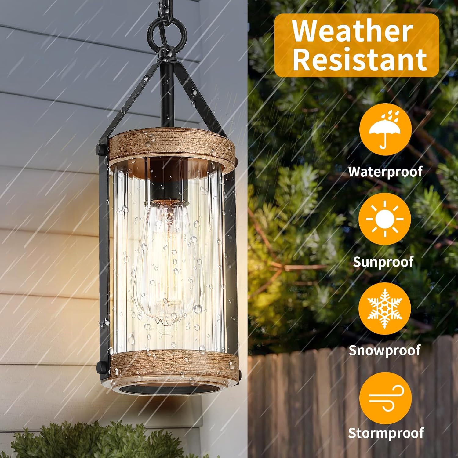 Outdoor Pendant Light Fixtures Exterior Ceiling Hanging Lantern for Porch, Modern Outside Chandelier Light Ceiling Mount with Crack Glass for Front Door Gazebo Entrance Foyer Entryway, 1Pack