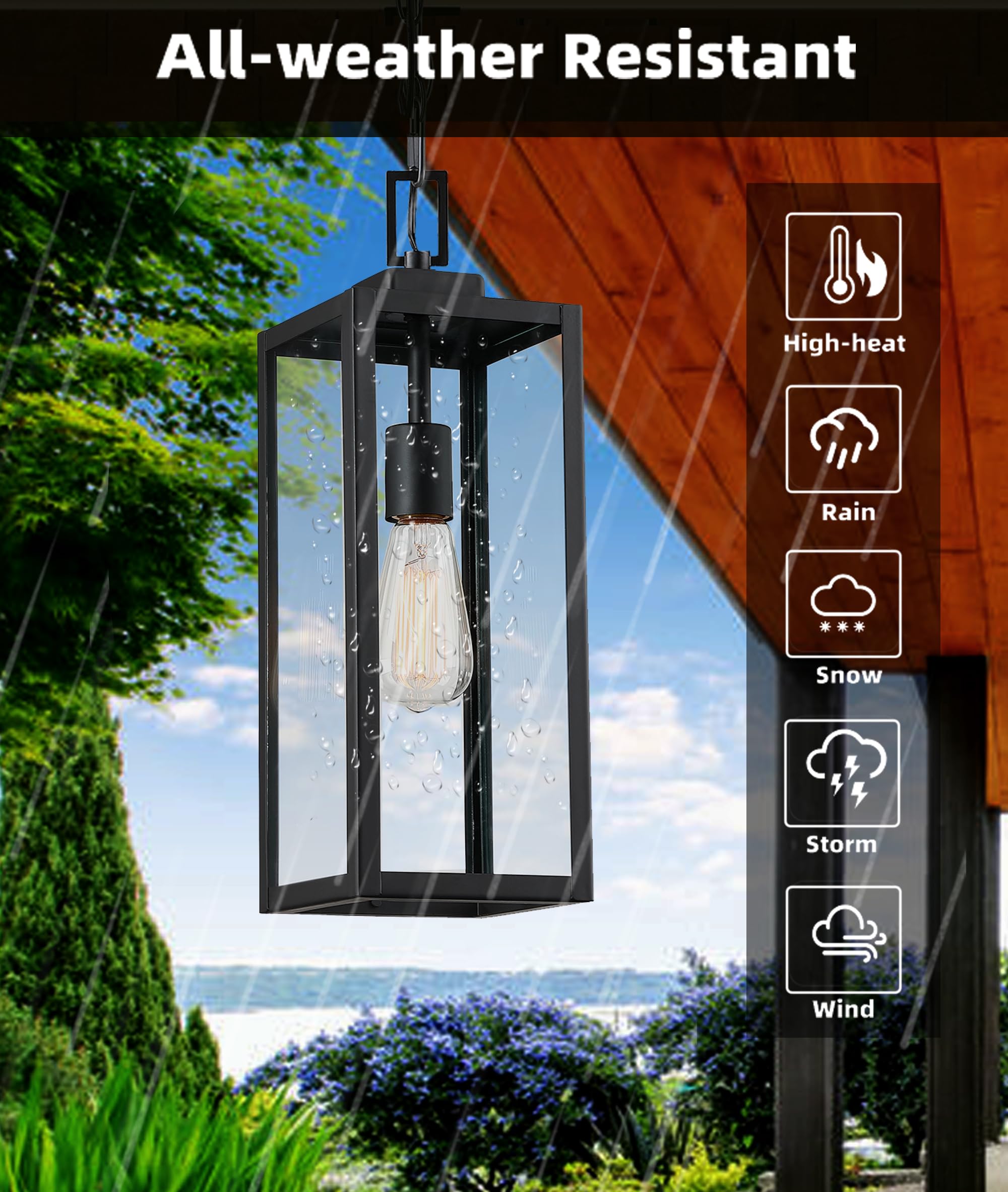 17 Inch Outdoor Pendant Light,Front Porch Outdoor Pendant Light,Metal and Glass Outdoor Hanging Light Ceiling Mount Exterior Hanging Lantern for Front Porch Ceiling Light, E26