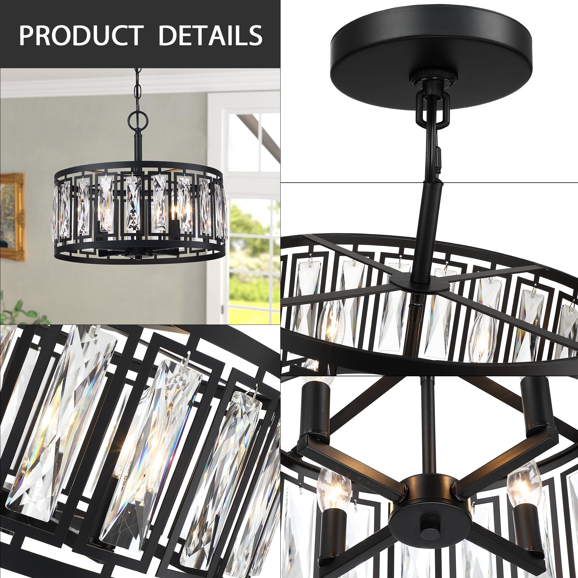 Crystal Pendant Lighting Fixture Matte Black Drum Shade Chandelier,2-Pack Pendant Lights for Kitchen Island Modern Ceiling Lights for Living Room