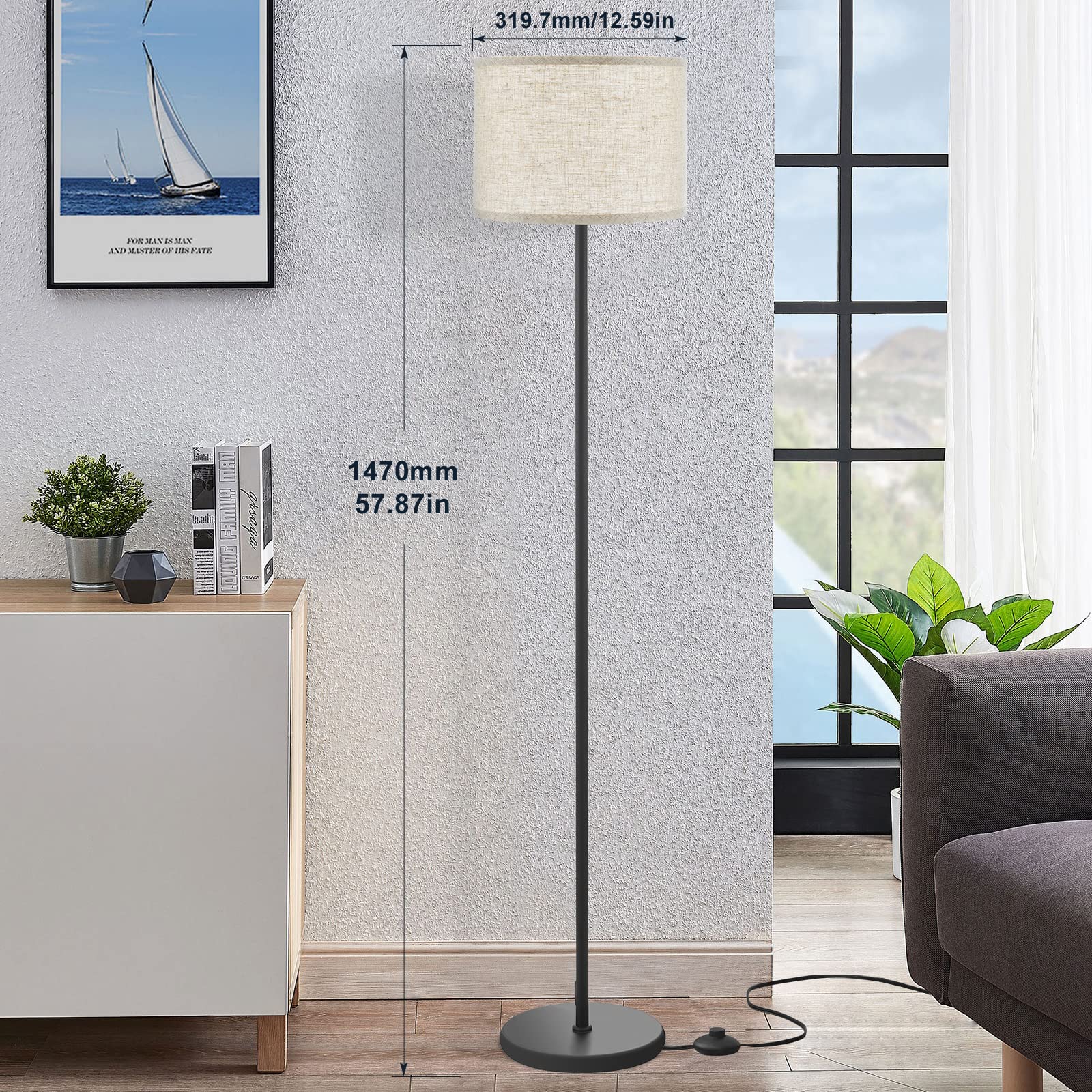 Modern Floor Lamp Simple Design with White Shade, Foot Pedal Switch, 60" Small Tall Lamps for Living Room Bedroom Office Dining Room Kitchen, Black Pole Lamp(Without Bulb)