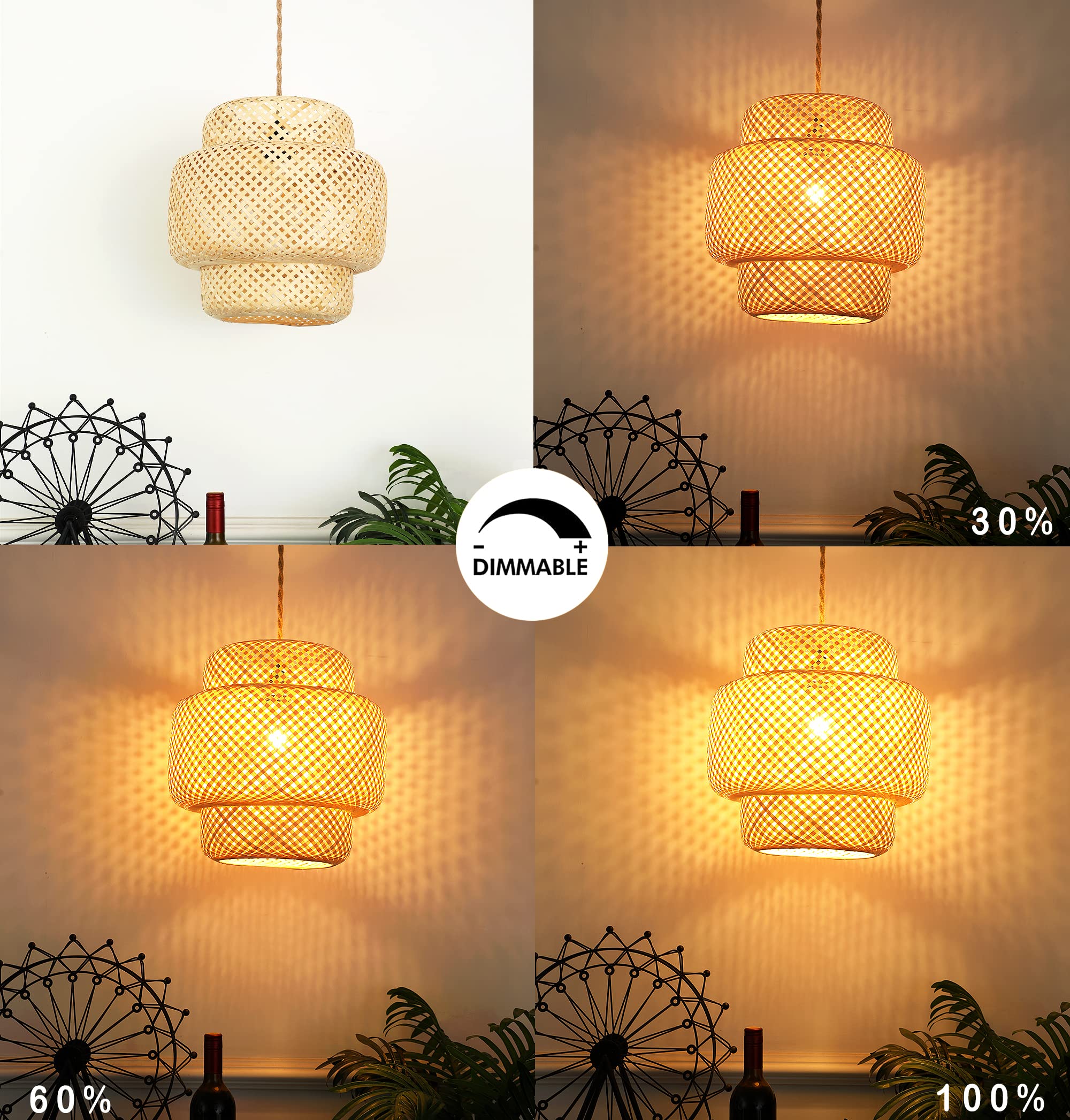 Plug in Pendant Light Rattan Hanging Lights with Plug in Cord Bamboo Hanging Lamp Dimmable,Handmade Woven Boho Wicker Basket Lamp Shade,Plug in Ceiling Light Fixture for Living Room Bedroom Kitchen