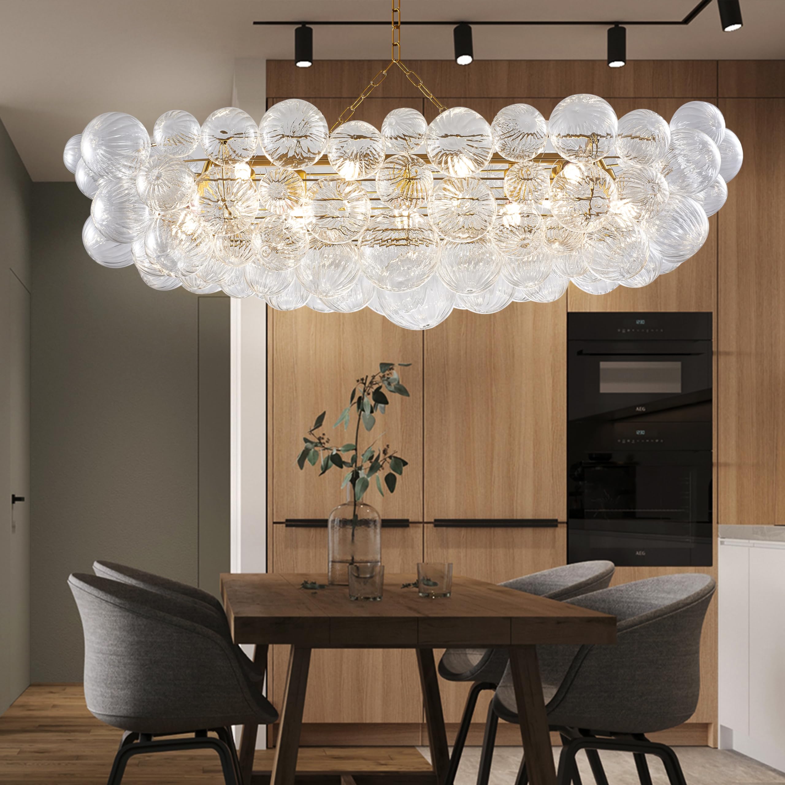 Semi Flush Mount Ceiling Bubble Ball Chandelier Lighting Dia 20 Inch Gold Clear Ribbed Blown Glass Chandeliers Ceiling Medallions Light Fixtures for Bedroom, Living Room, Entry, Bathroom