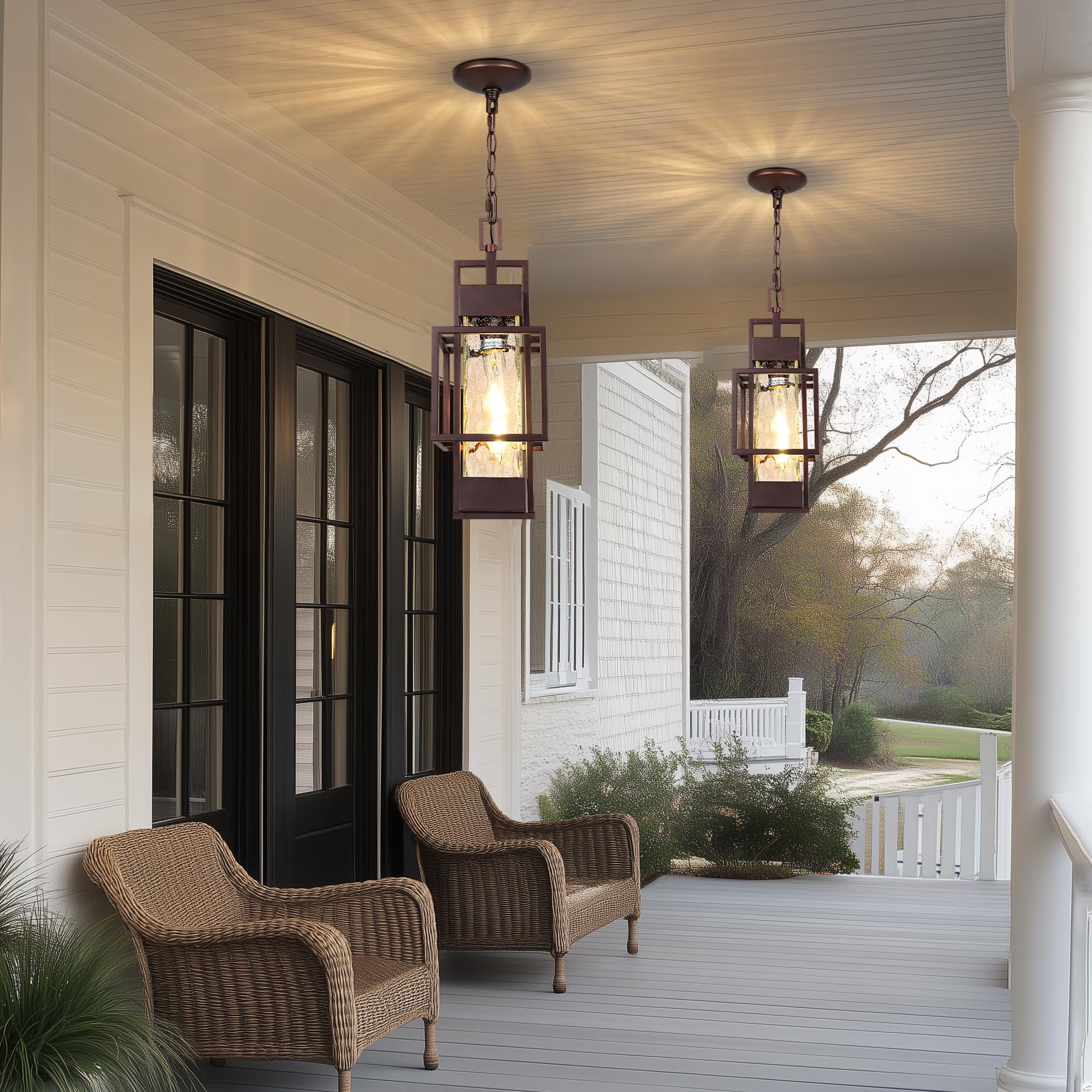 15" Outdoor Indoor Pendant Light Exterior Hanging Lantern, Modern Metal Outside Chandelier Light Fixture Ceiling Mount with Water Glass for Front Porch Entrance Foyer Entryway, Oil Rubbed Bronze