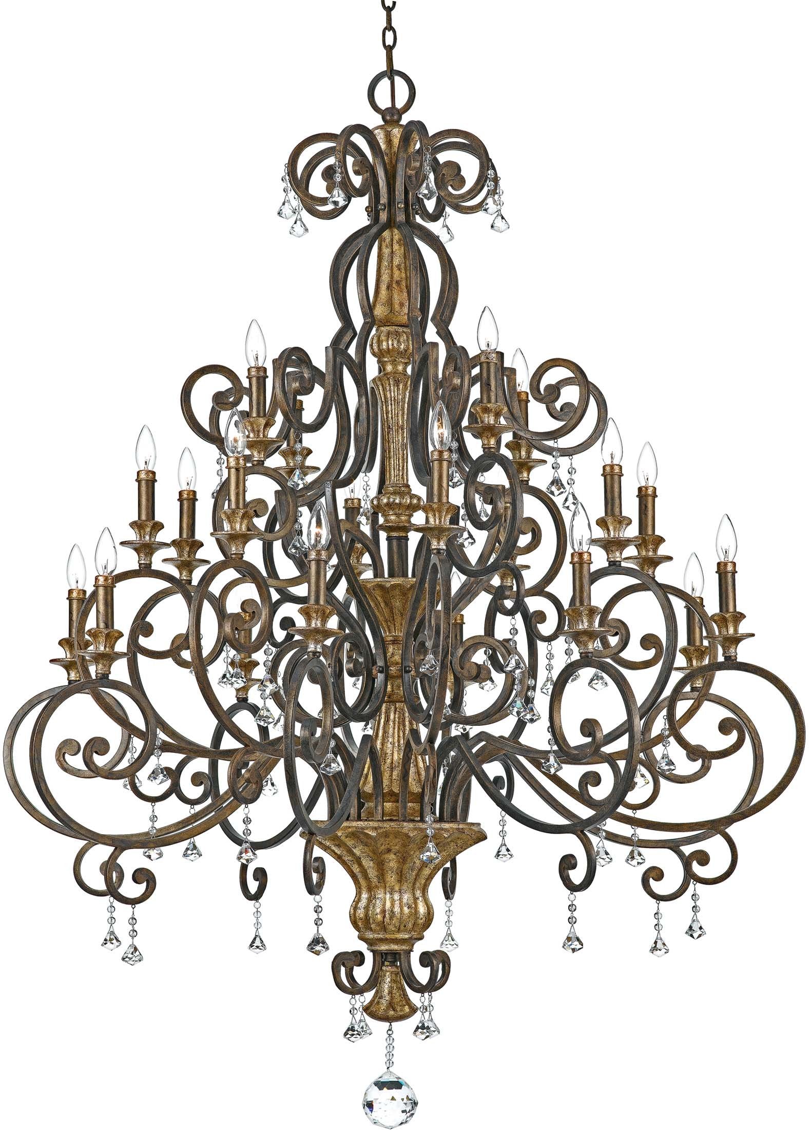 Marquette Spanish Wrought Iron Crystal Foyer Chandelier, 20-Light, 1200 Watts, Heirloom (65" H x 49" W)