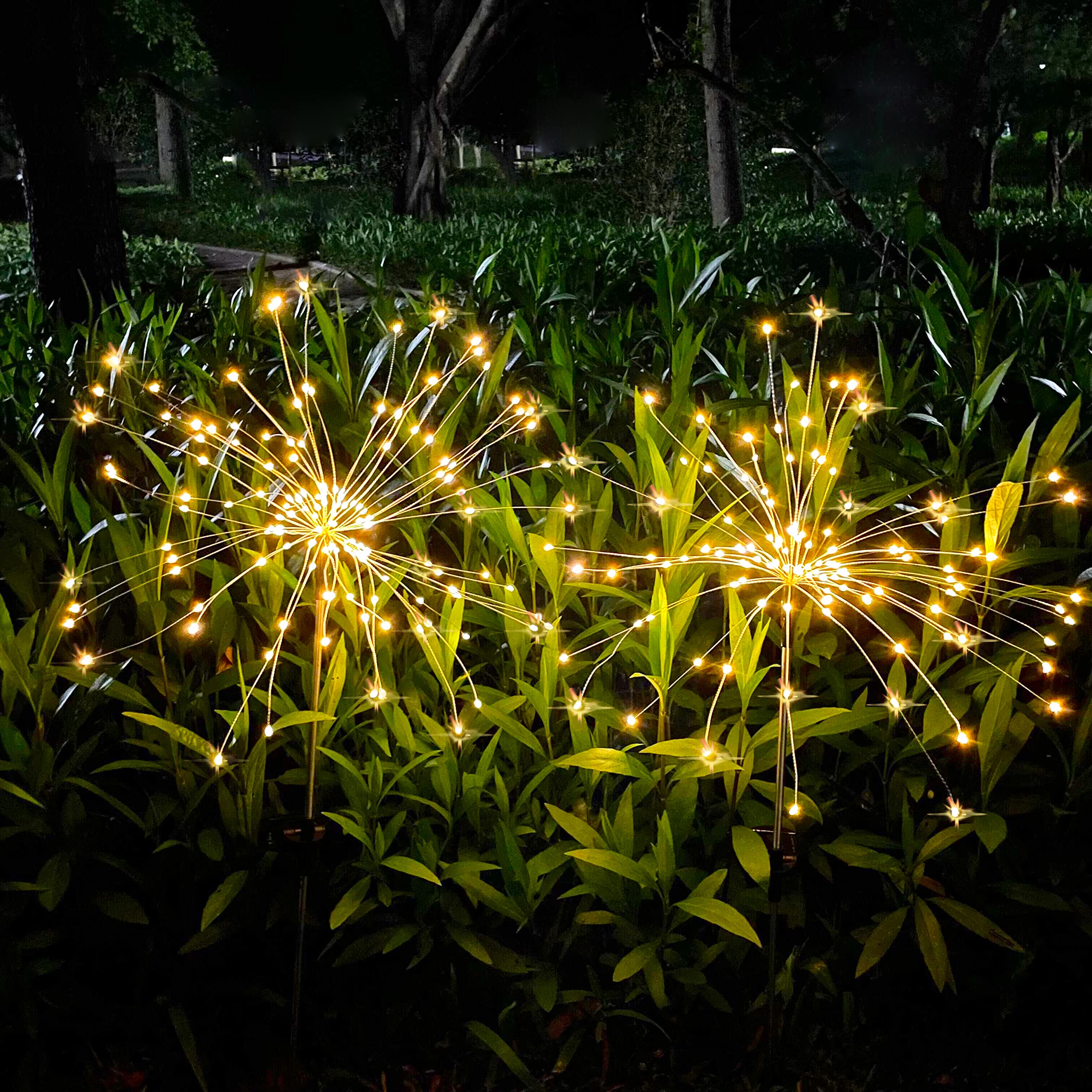 Outdoor Solar Lights Firework, 2 Pack 120 LEDs Waterproof Solar Lights for Outside Garden Yard Pathway Fence - Warm White