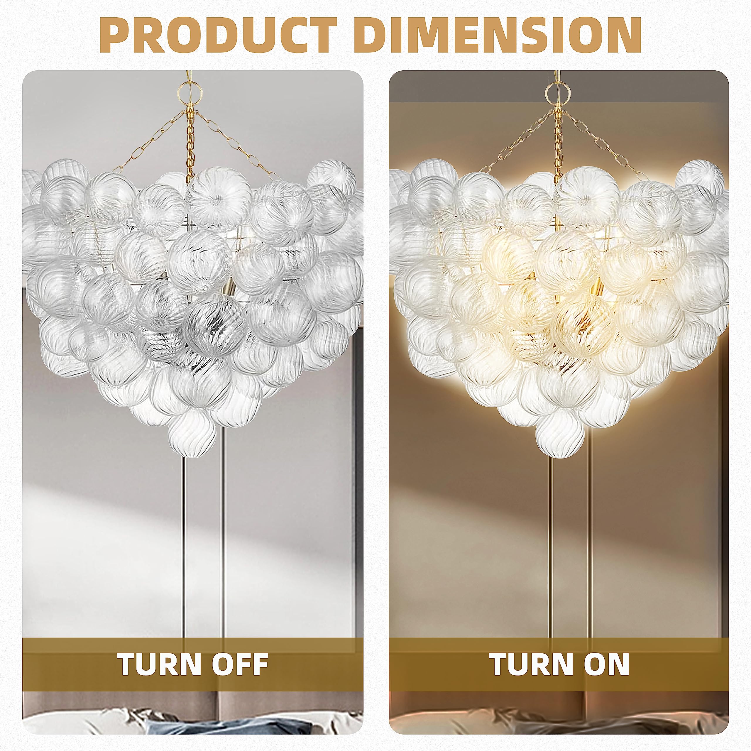 Semi Flush Mount Ceiling Bubble Ball Chandelier Lighting Dia 20 Inch Gold Clear Ribbed Blown Glass Chandeliers Ceiling Medallions Light Fixtures for Bedroom, Living Room, Entry, Bathroom