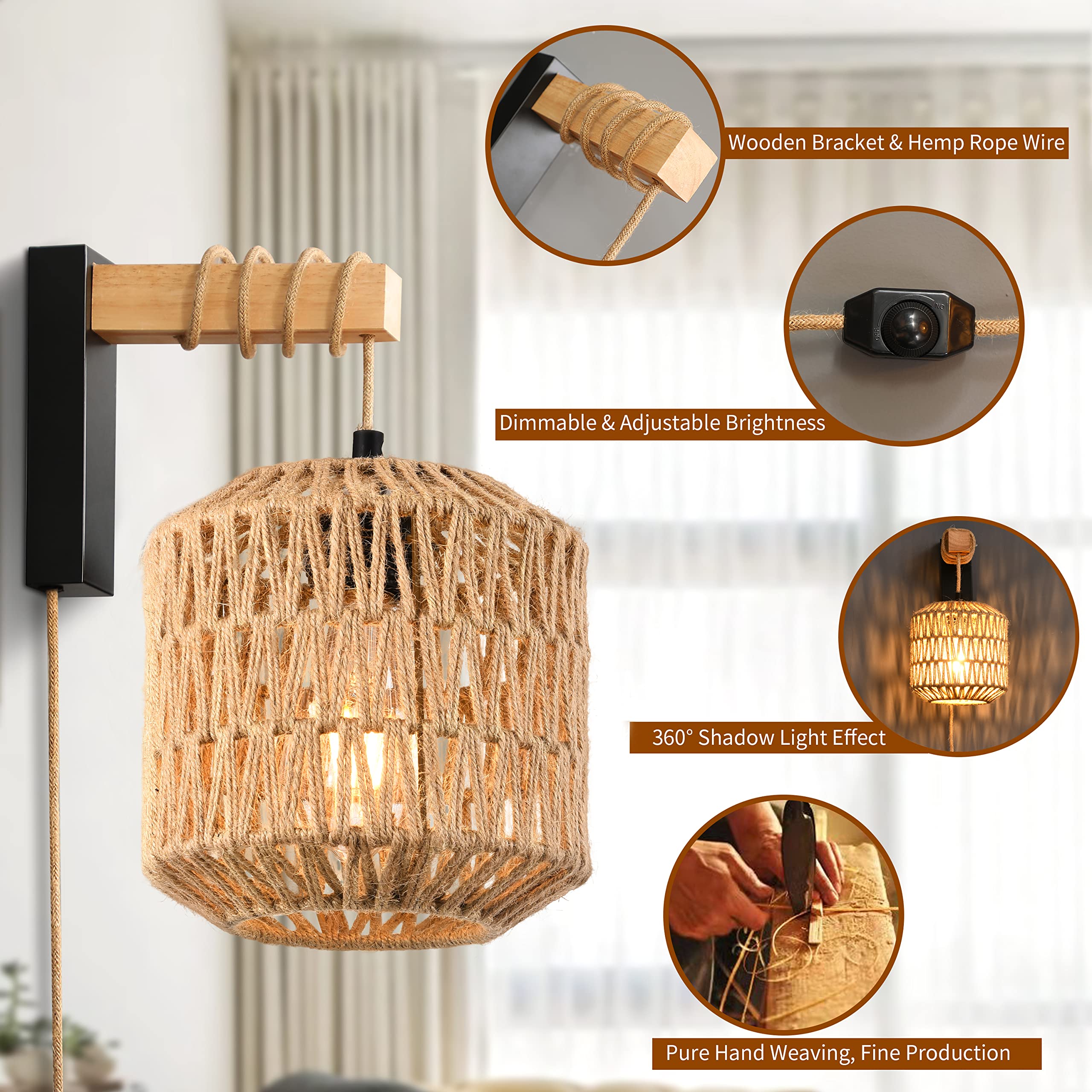 Rattan Wall Sconces Set of Two Plug in,Farmhouse Plug in Wall Sconces Hand Woven Bamboo Wall Light Fixtures with Switch,Rustic Black Wall Sconce Light Wall Lamp Plug in Sconces for Living Room Bedroom