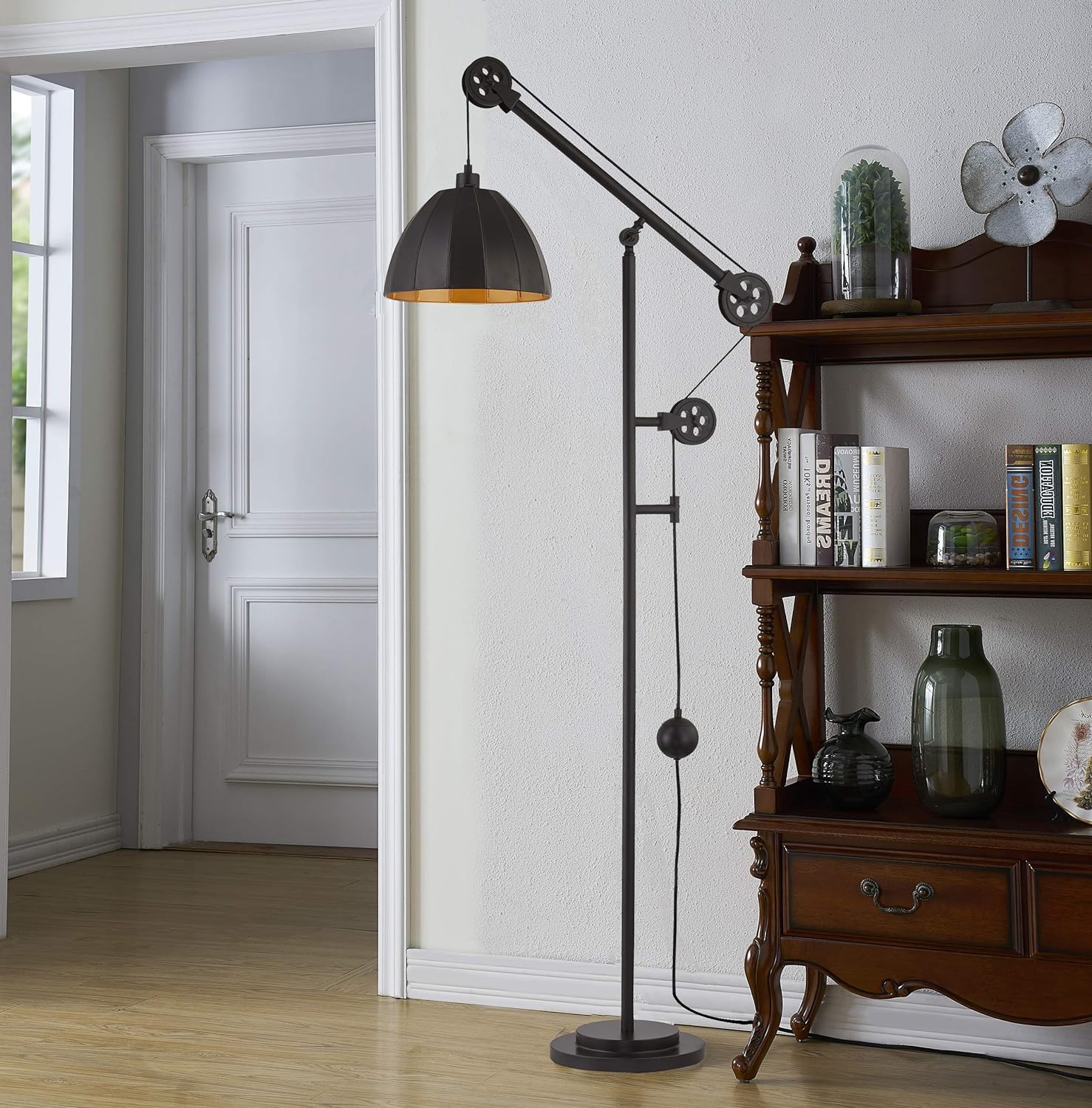 Industrial Counterweight Pulley Floor Lamp with Adjustable Metal Shade Rustic Deep Bronze Floor Lamps for Living Room,Bedrooms,Office,Reading Farmhouse Tall Standing Lamp Modern Stand Up Lamp