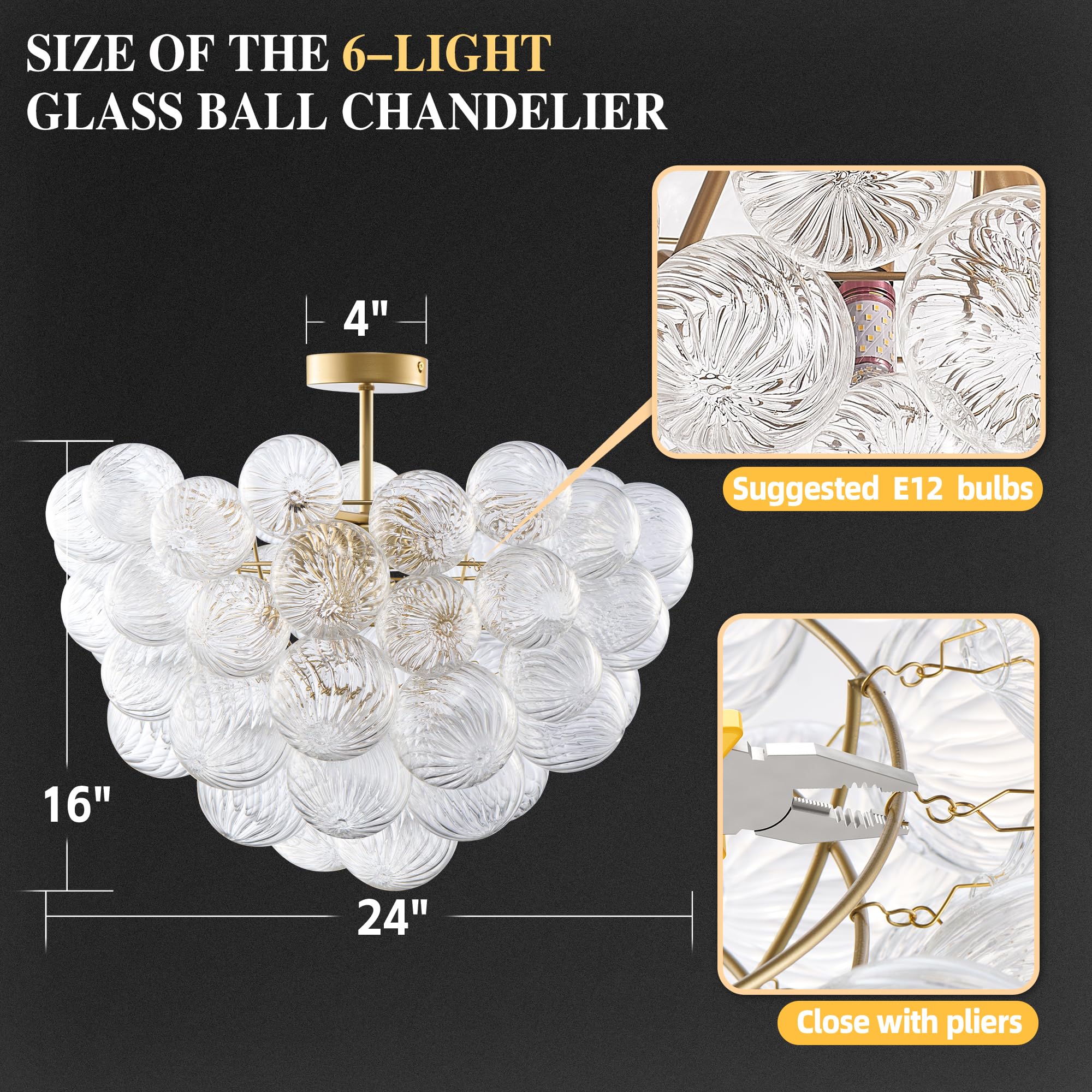 Semi Flush Mount Ceiling Bubble Ball Chandelier Lighting Dia 20 Inch Gold Clear Ribbed Blown Glass Chandeliers Ceiling Medallions Light Fixtures for Bedroom, Living Room, Entry, Bathroom