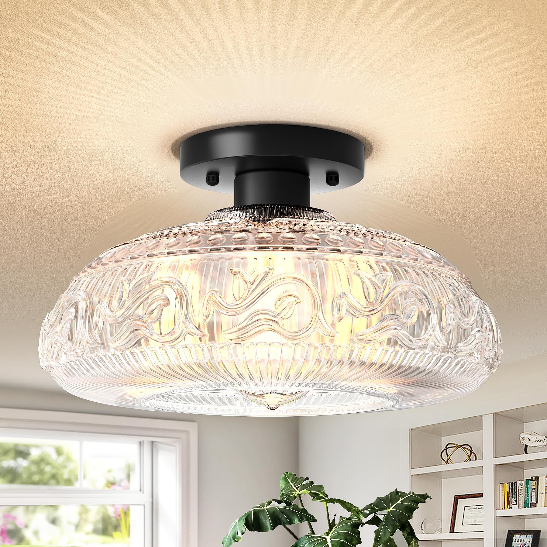 Semi Flush Mount Ceiling Light Fixture - 11 Inch Modern Glass Hall Light, Vintage Light Fixture for Kitchen, Hallway, Bathroom and Entry Way, Compatible with E26 Light Bulb, Black