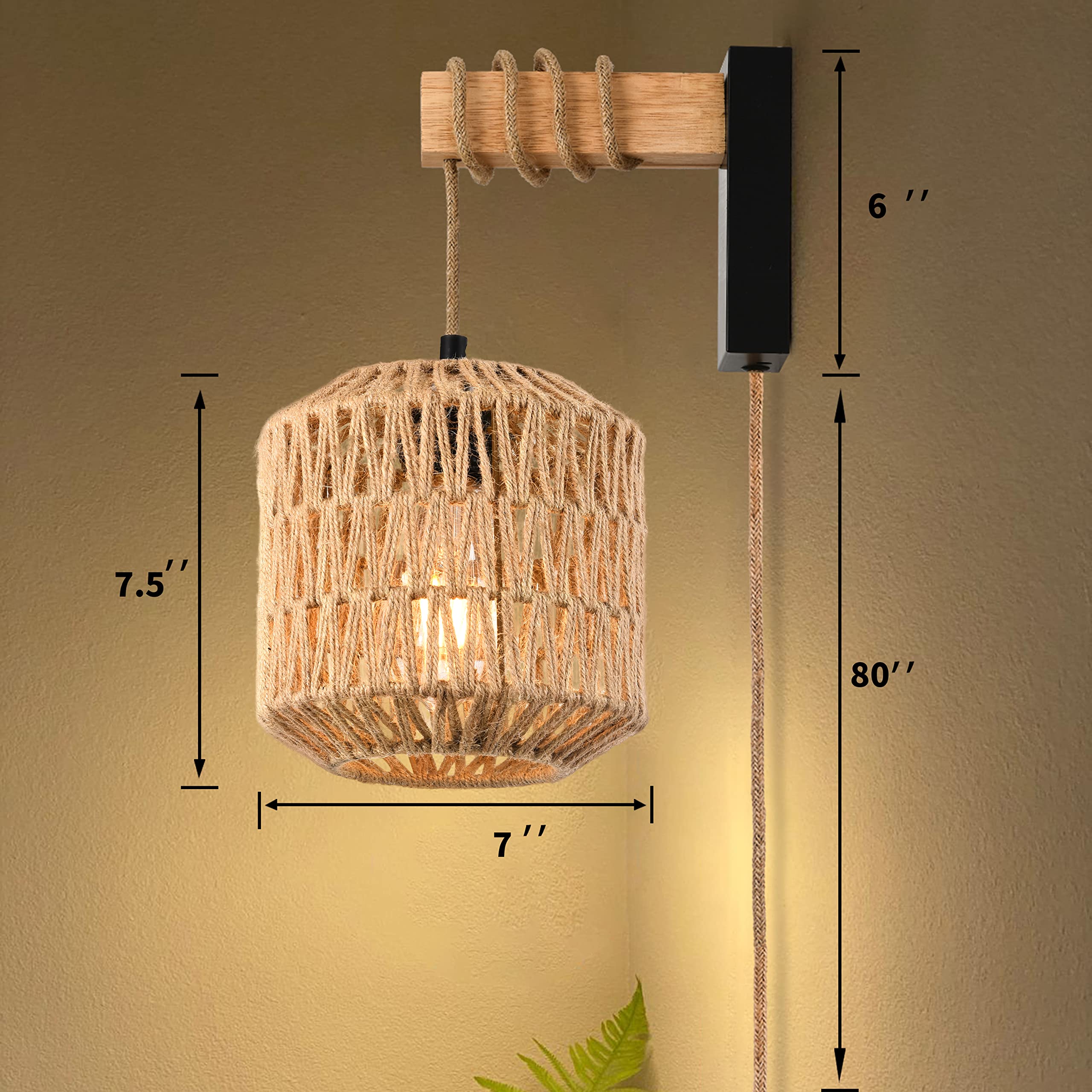 Rattan Wall Sconces Set of Two Plug in,Farmhouse Plug in Wall Sconces Hand Woven Bamboo Wall Light Fixtures with Switch,Rustic Black Wall Sconce Light Wall Lamp Plug in Sconces for Living Room Bedroom