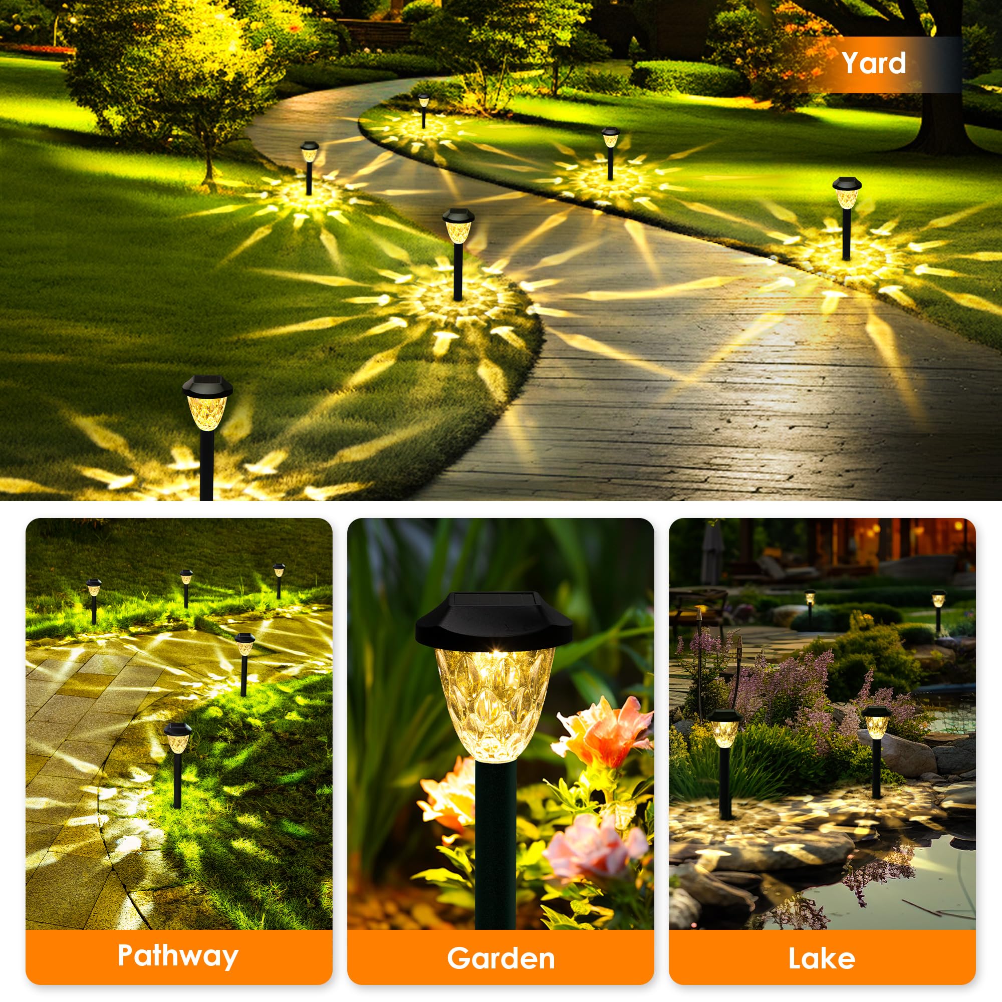 16 Pack Solar Outdoor Lights, Bright Solar Pathway Lights with Great Pattern, Waterproof Auto On/Off Solar Lights for Outside Garden Walkway Driveway Lawn Pathway