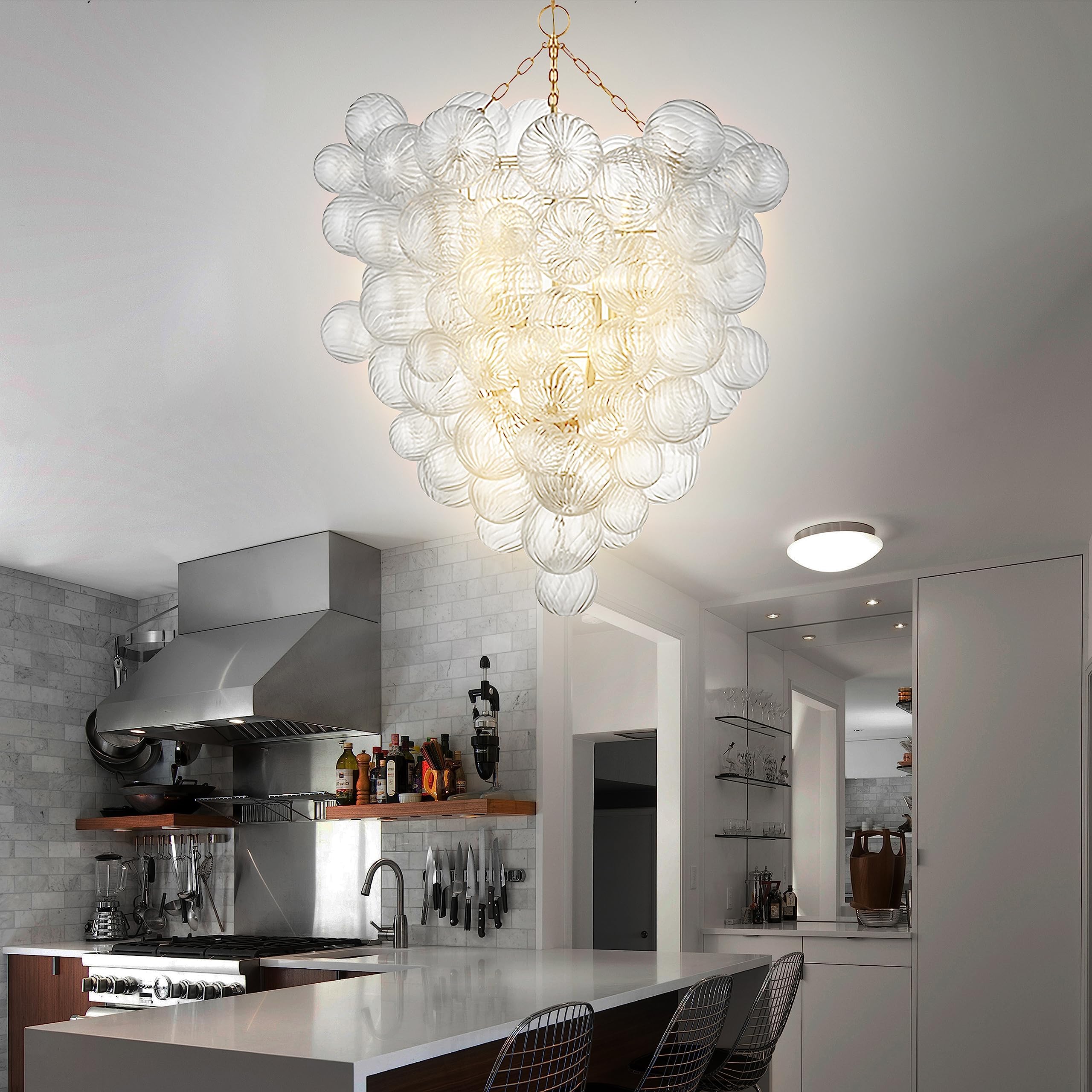 Semi Flush Mount Ceiling Bubble Ball Chandelier Lighting Dia 20 Inch Gold Clear Ribbed Blown Glass Chandeliers Ceiling Medallions Light Fixtures for Bedroom, Living Room, Entry, Bathroom