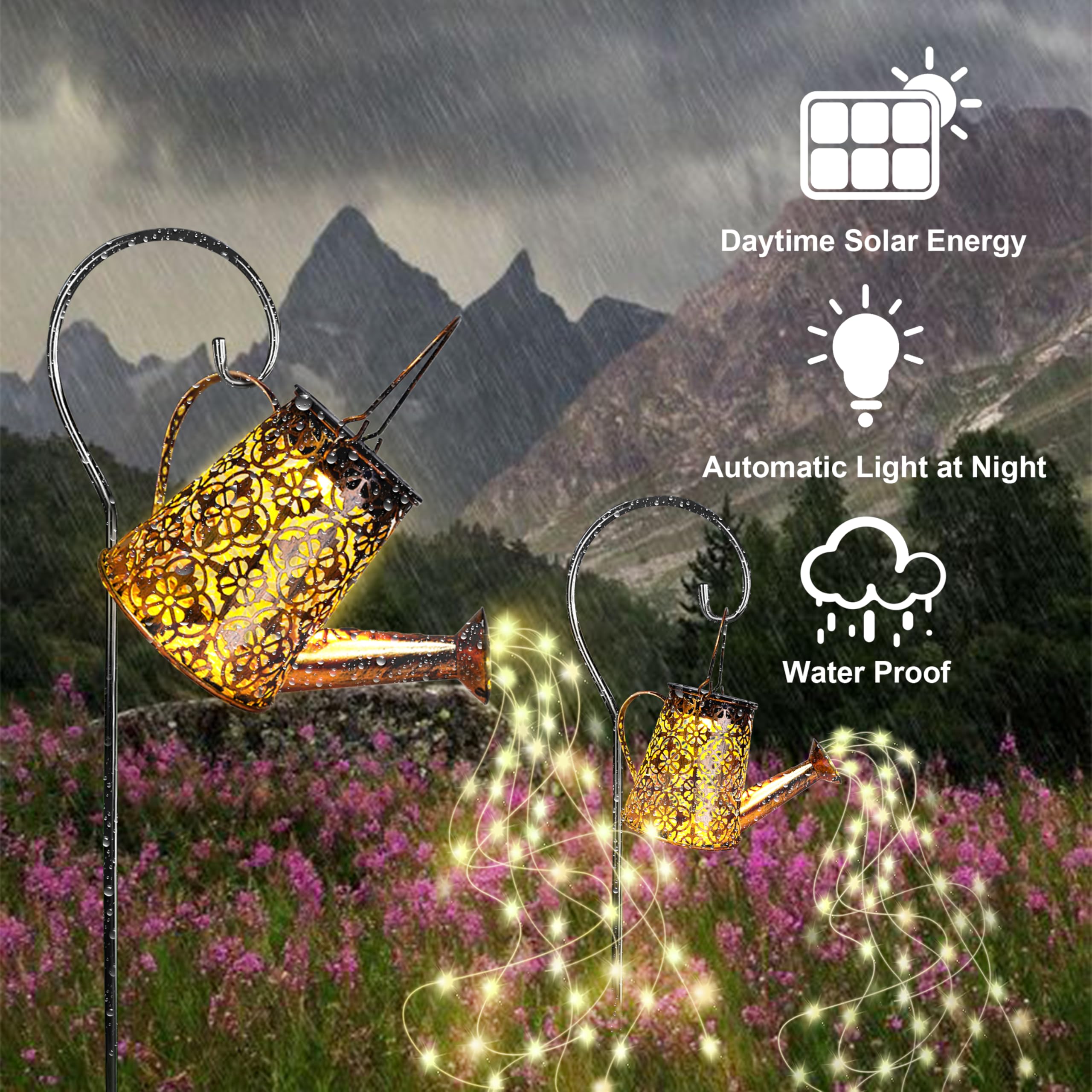 Solar Garden Watering Can Lights,Solar Waterfall Lights with Cascading Lights Waterproof Charging Board,Garden Decor for Outside,Outdoor Solar Light String Fairy LED Hanging Lantern for Yard Decor SY