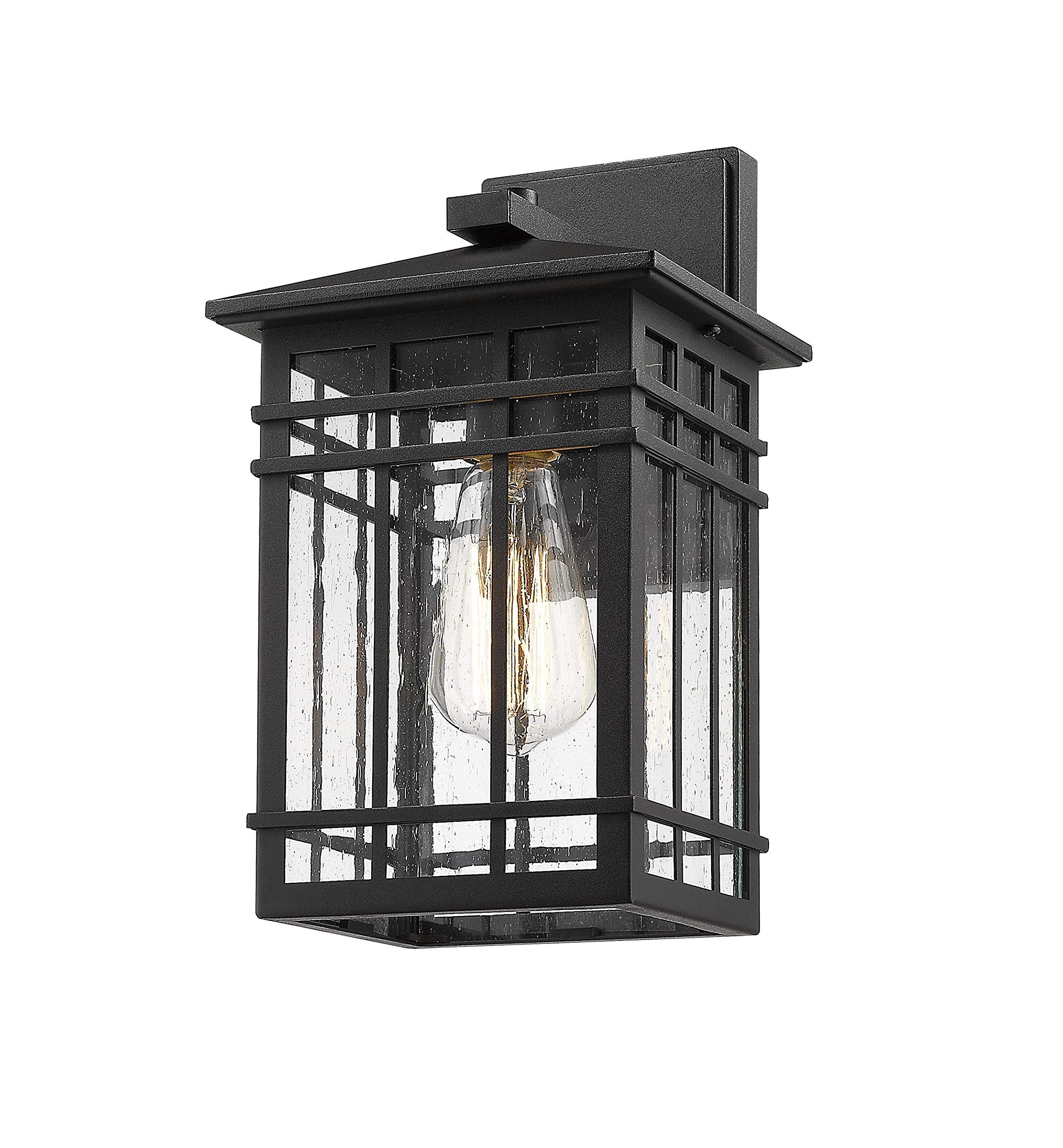 Outdoor Wall Lantern, Exterior Light Fixture Wall Mount, 1-Light Waterproof Outdoor Wall Lighting Fixture with Seeded Glass for Porch, Garage, Patio, Hallway, Entryway, Black