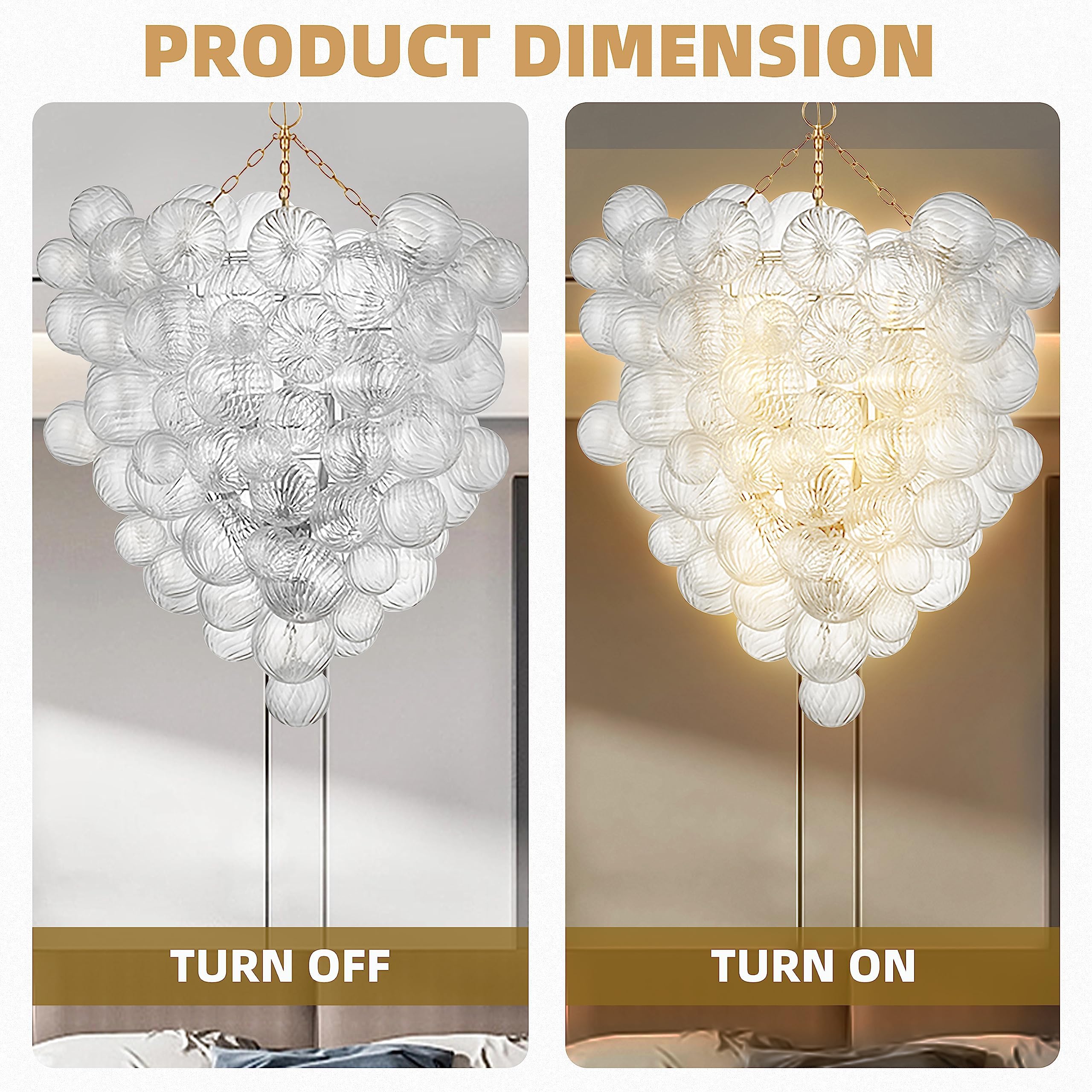 Semi Flush Mount Ceiling Bubble Ball Chandelier Lighting Dia 20 Inch Gold Clear Ribbed Blown Glass Chandeliers Ceiling Medallions Light Fixtures for Bedroom, Living Room, Entry, Bathroom