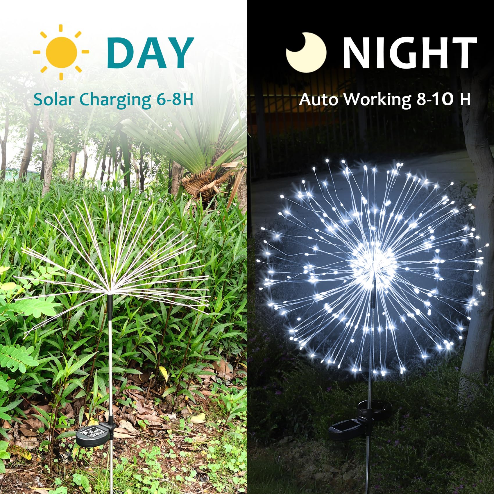 Solar Firework Lights, 2 Pack 120 LEDs 2 Lighting Modes Outdoor Waterproof for Garden Patio Walkway Pathway Party Wedding Christmas Decorative - Cool White