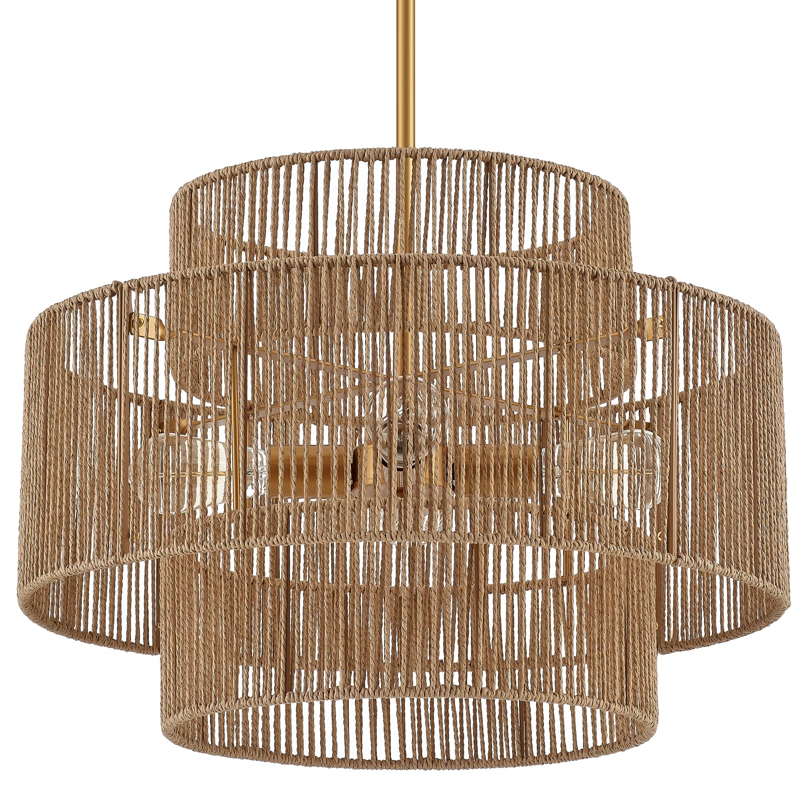 24” Boho Hand Woven Rattan Chandelier 3 Round Adjustable 4-Light Large Pendant Light for Kitchen Island Dining Room Living Room Hallway, Brass, UL Listed