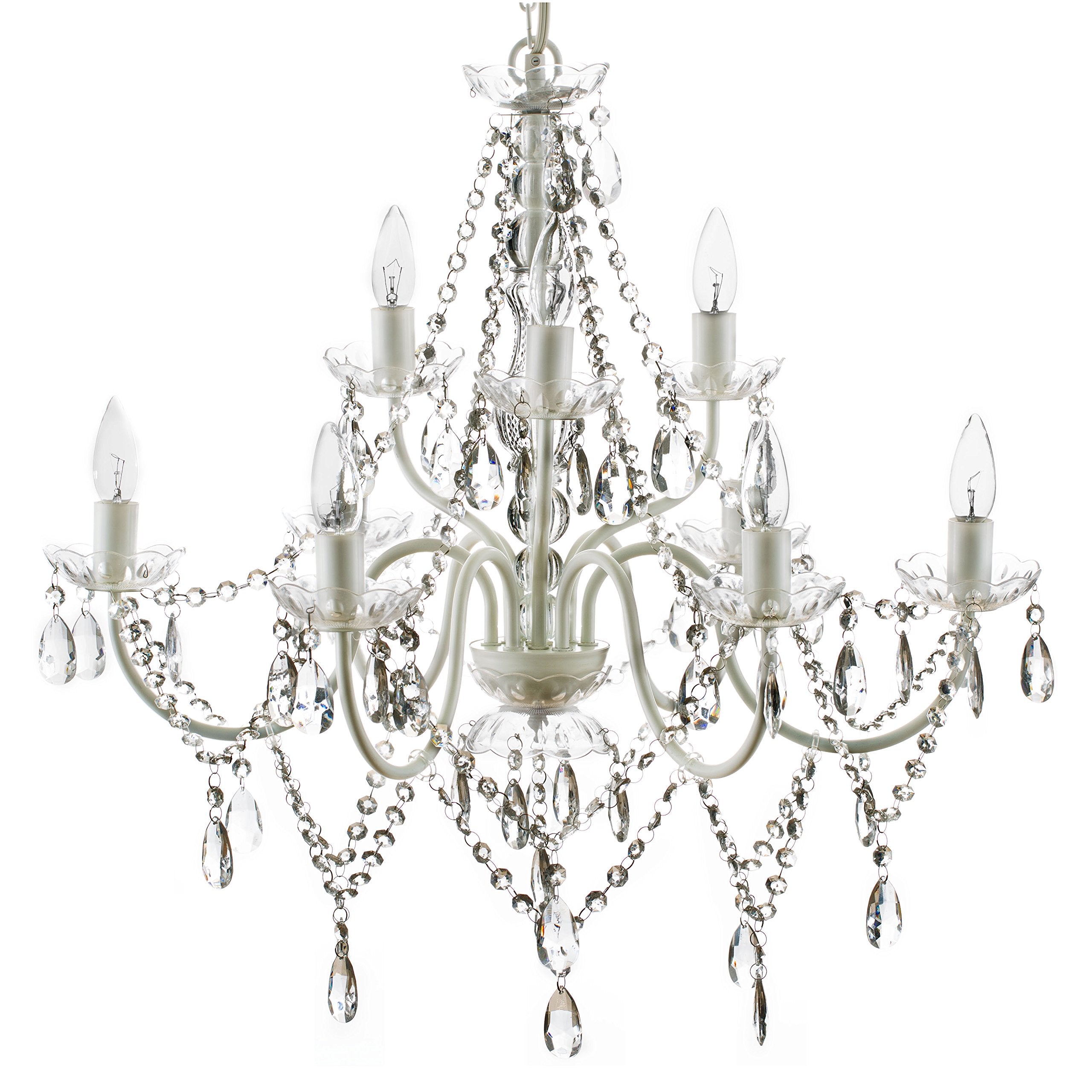 Plug-in 3 Light Crystal White Hanging Chandelier H17”xW12”, White Metal Frame with Clear Glass Stem and Acrylic Crystals