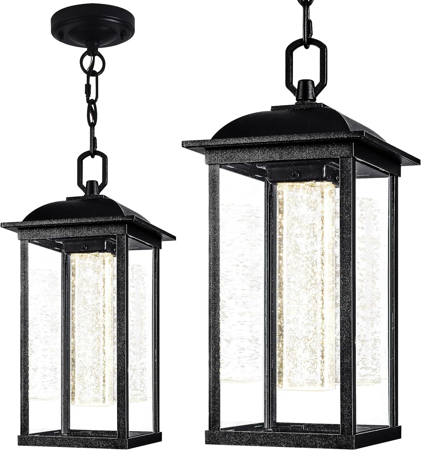 Black LED Outdoor Pendant Lights-Aluminum Waterproof Exterior Hanging Latern-Bubble Columnar Crystal 47 ` Adjustable Chain-Morden Outside Chandelier for Foyers and Porch Areas