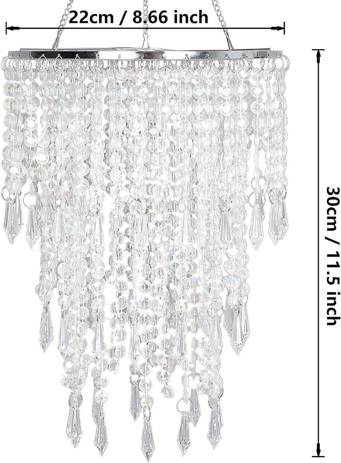 Acrylic Chandelier Shade, Ceiling Light Shade Beaded Pendant Lampshade with Crystal Beads and Chrome Frame for Bedroom, Wedding or Party Decoration, Diameter 8.7'' 3 Tiers