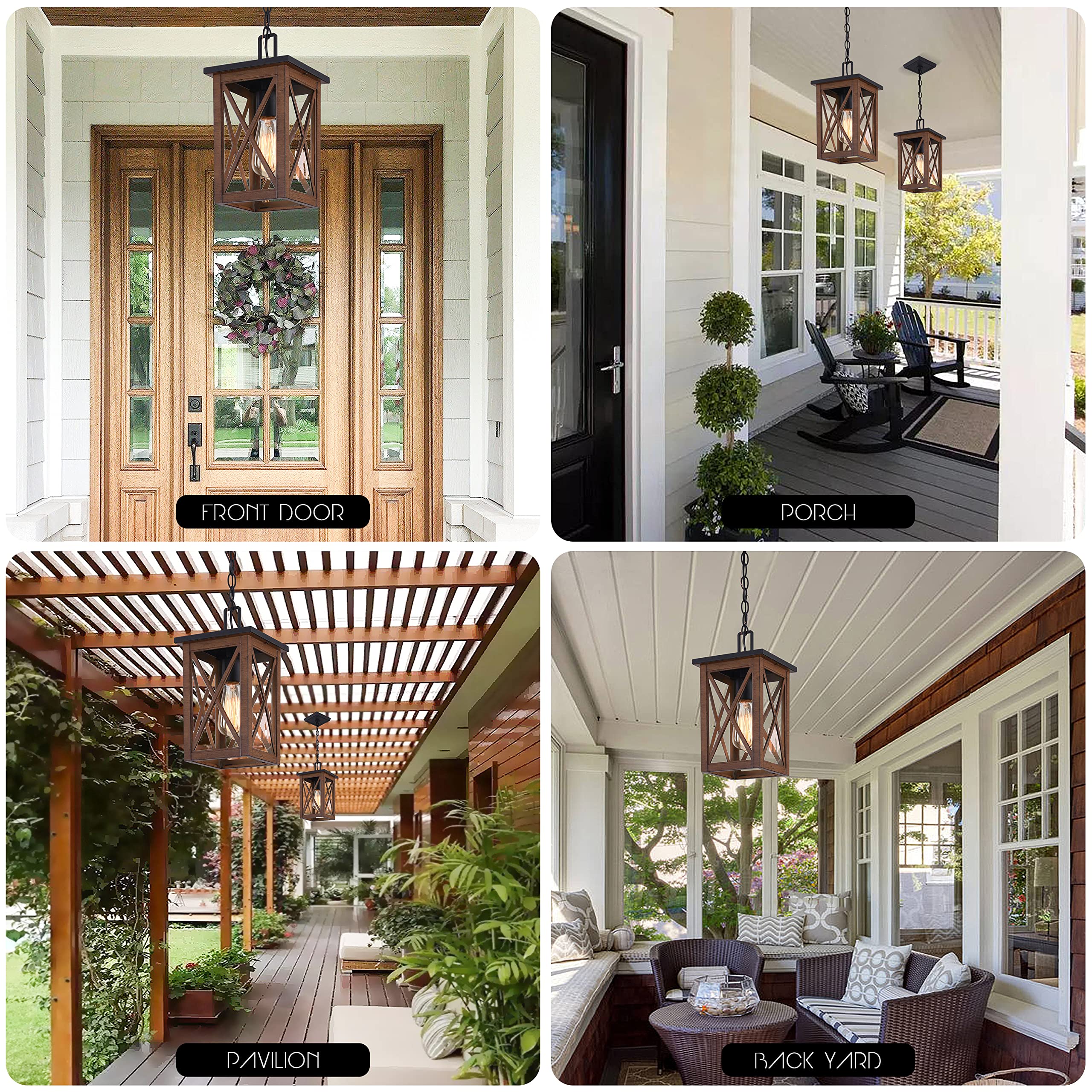 Outdoor Pendant Light Exterior Hanging Lantern Porch Pendant Lights, Light Wood Grain with Glass 1-Light Lamp for for Porch, Patio, Entryway