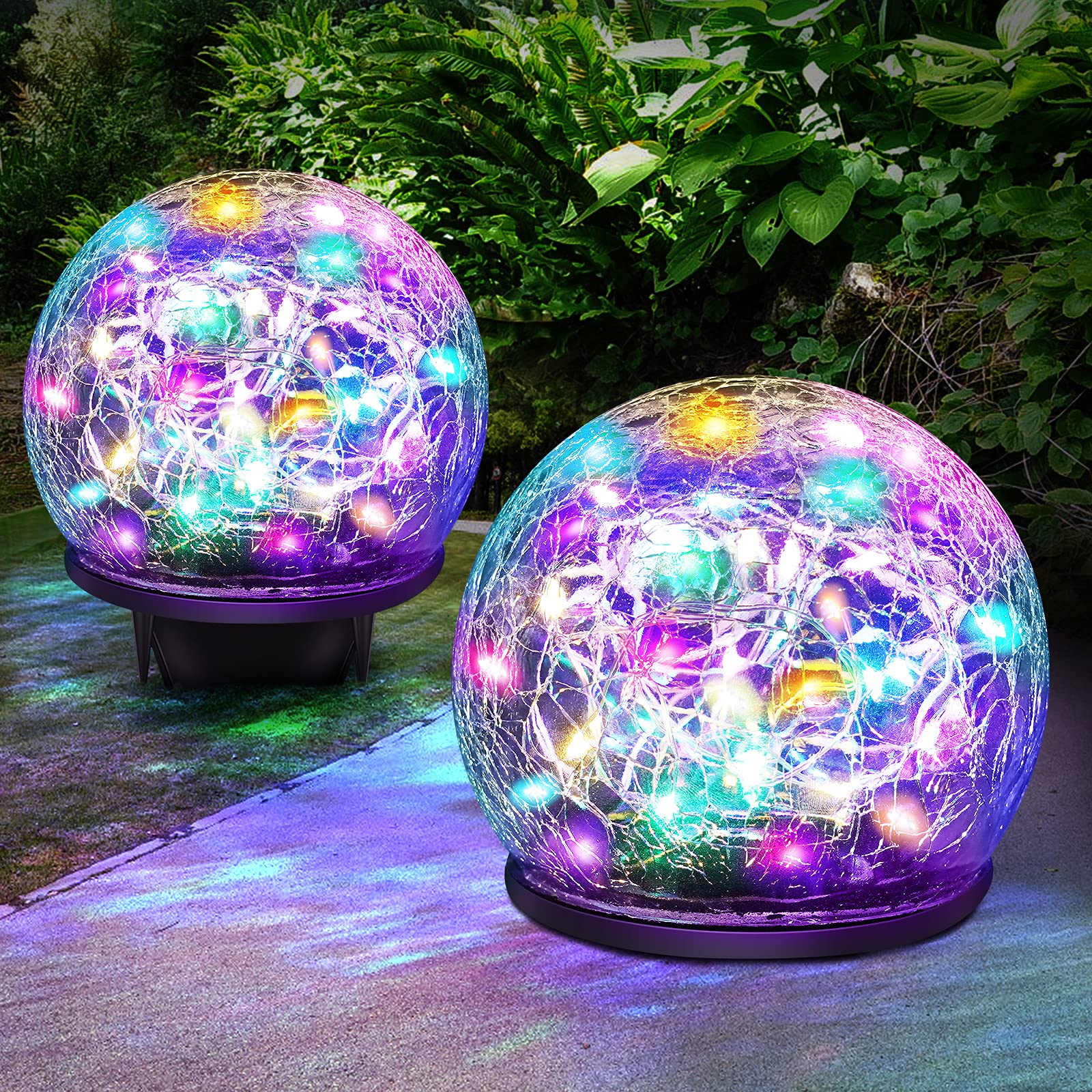 2 Pack 60 LED Garden Solar Lights Outdoor Decorative, Colored Cracked Glass Solar Globe Lights, Upgraded Waterproof Multicolor Ball Lights for Yard Pathway Patio Lawn Outside Decor