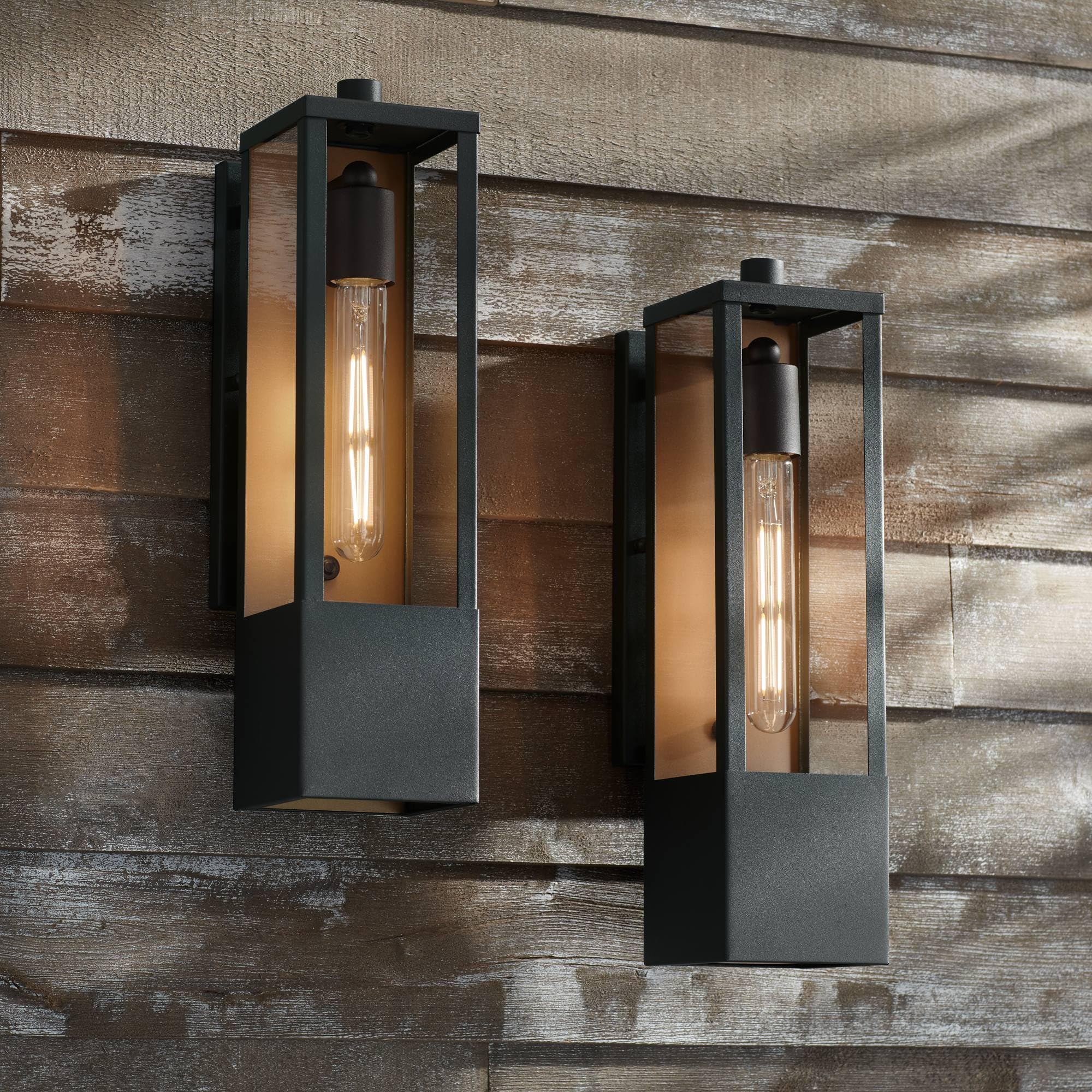 Modern Outdoor Wall Light Fixtures Set of 2 Textured Black Gold Metal Box Frame 16" Clear Glass Panels for Post Exterior Barn Deck House Porch Yard Patio Garage Garden