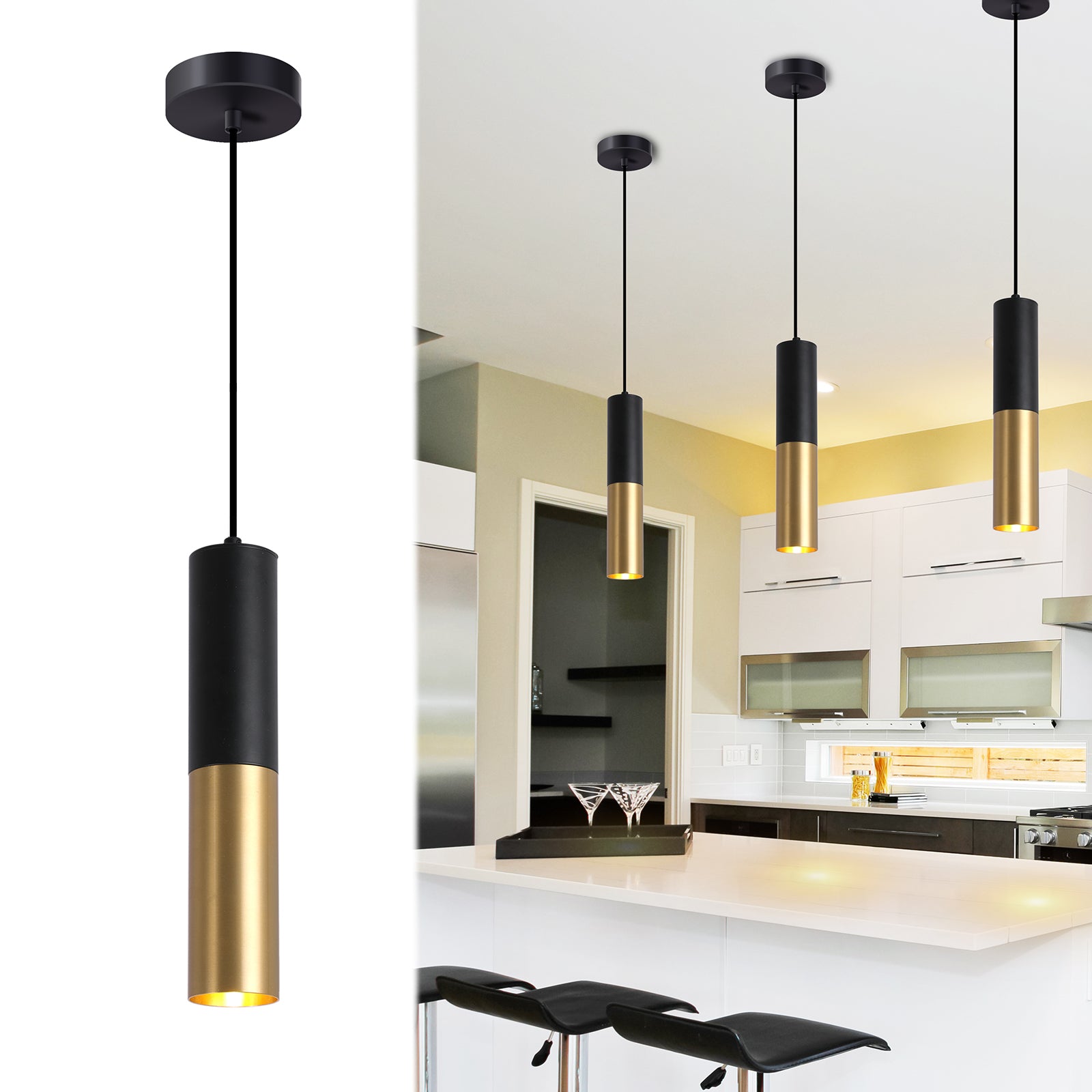 Modern Pendant Light Fixture for Kitchen Island,1-Light Black Gold Pendant Lighting Ceiling Hanging Light Cord Adjustable for Living Room Bedroom Bar (1 Pack)