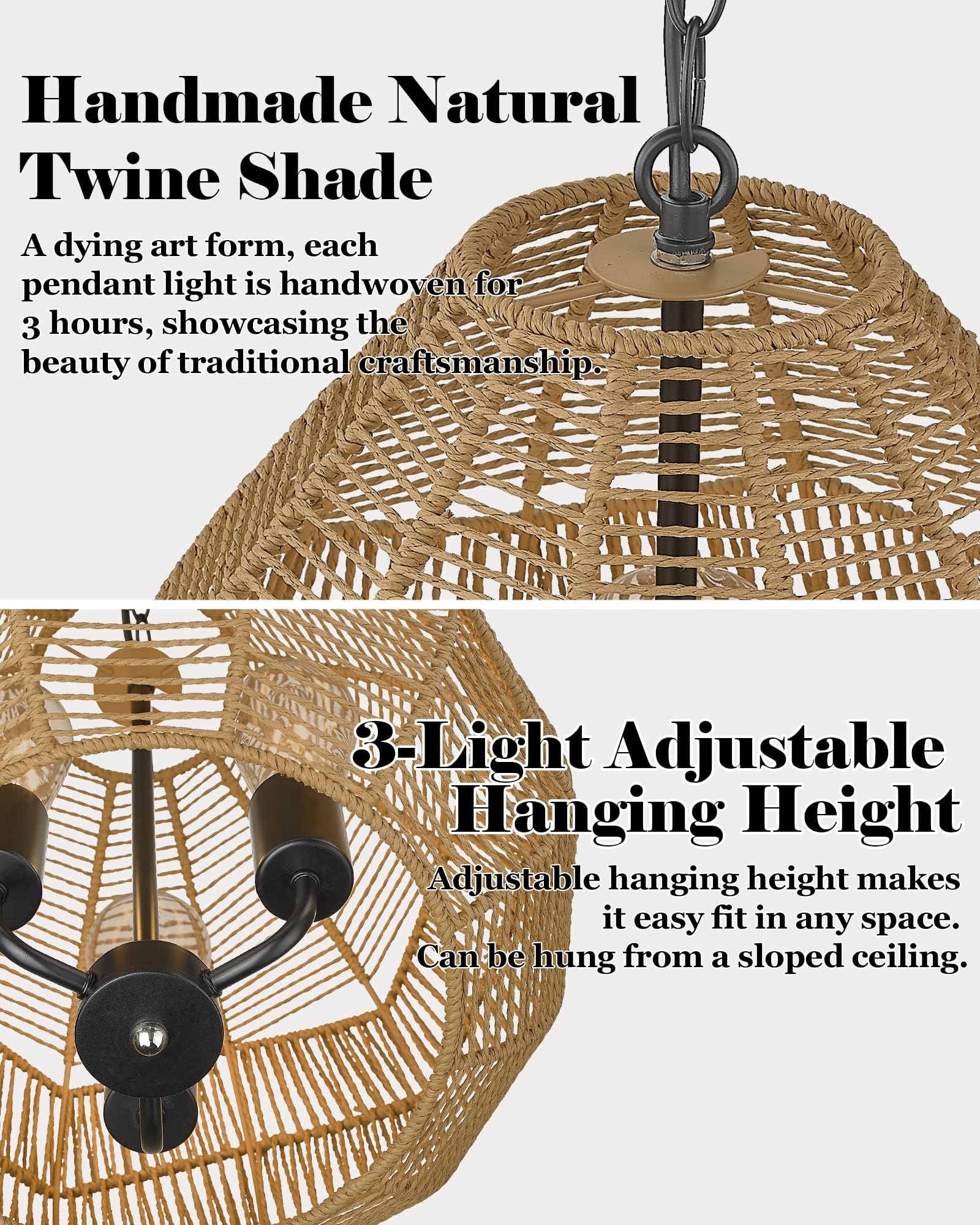 3 Pack Woven Pendant Lights, 7” Modern Boho Hanging Lamp with Handwoven Woven Rattan Shade, Adjustable Farmhouse Coastal Pendant Light Fixtures for Kitchen Island,Dining Room,Bar, Foyer Hallway