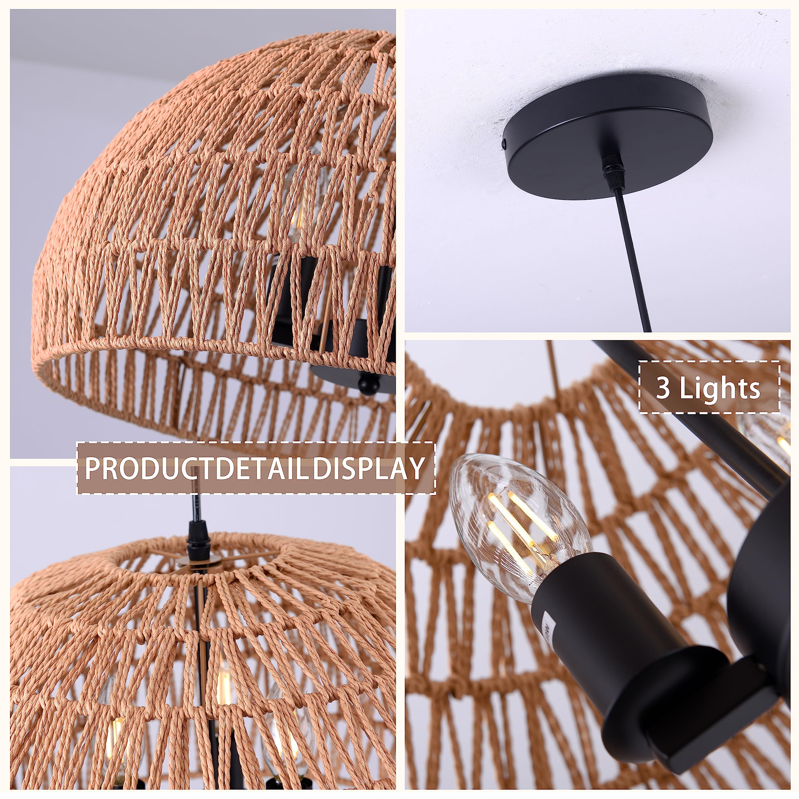 Mini Hemp Rope Woven Pendant Light Woven Light Fixture Boho Chandelier Light Fixture Wicker Pendant Light Rattan Light Pendant Dome Wicker Chandelier for Bedroom Kitchen Island(Bulb Incl.)