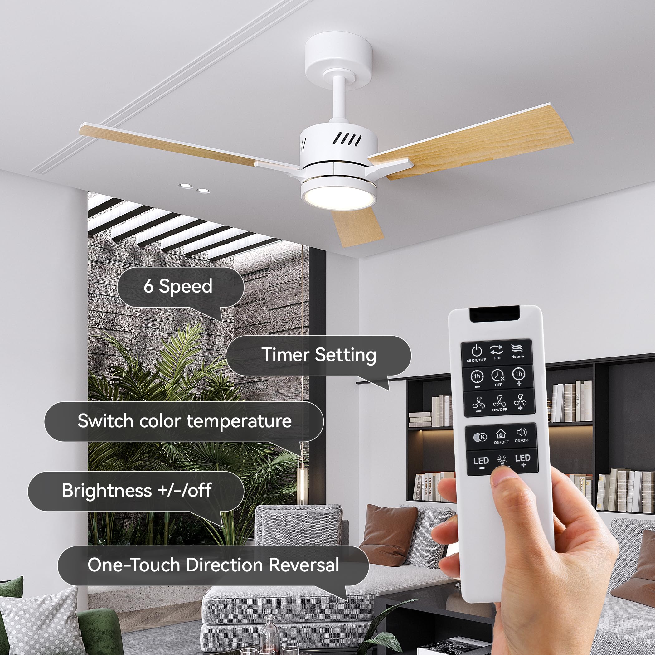 Ceiling Fans with Lights and Remote, 42 Inch Modern Ceiling Fan with Light, Reversible DC Motor, Dimmable LED, 3CCT, Quiet, Small Ceiling Fan for Bedroom/Living Room/Patios, White