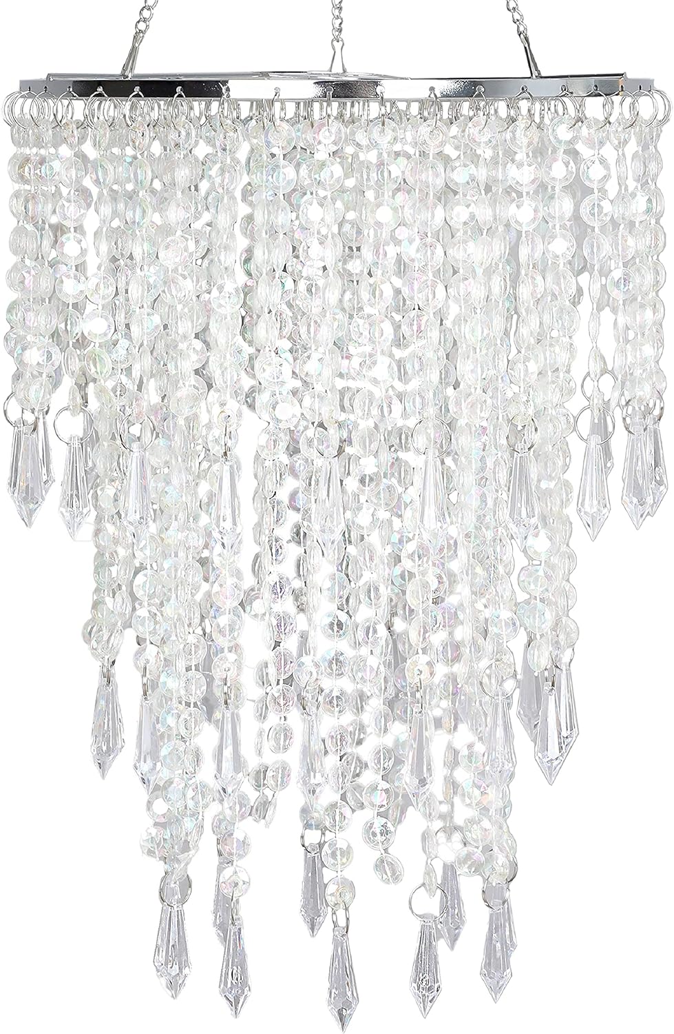 Acrylic Chandelier Shade, Ceiling Light Shade Beaded Pendant Lampshade with Crystal Beads and Chrome Frame for Bedroom, Wedding or Party Decoration, Diameter 8.7'' 3 Tiers