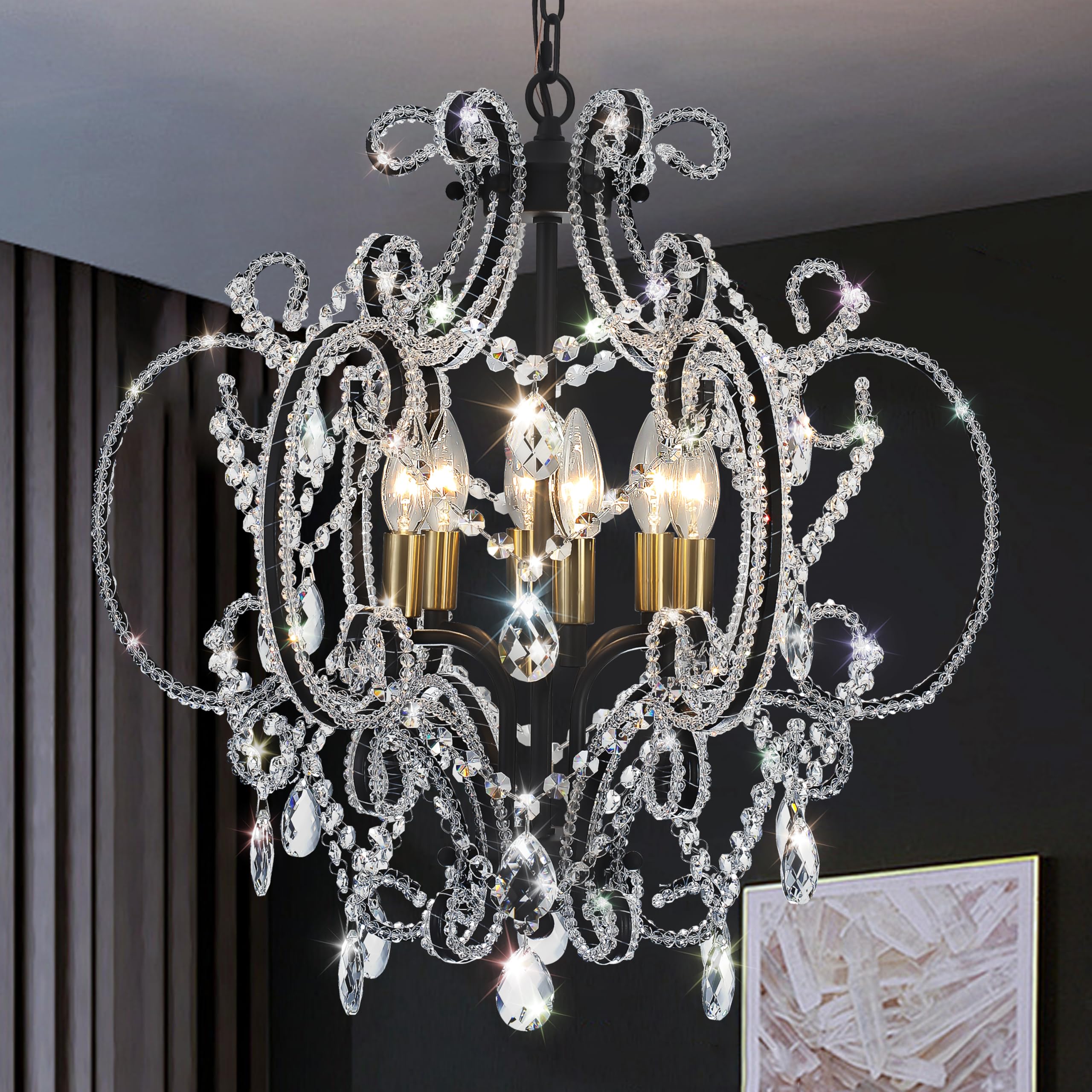 Modern Black Glass Chandeliers for Dining Room Water Ripple Glass Light Fixture 6-Light Crystal Chandeliers for Kitchen Island Living Room Bedroom