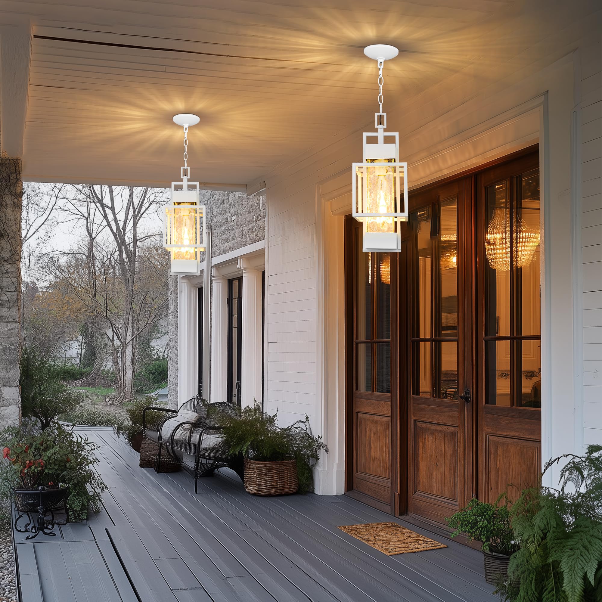 15" Outdoor Indoor Pendant Light Exterior Hanging Lantern, Modern Metal Outside Chandelier Light Fixture Ceiling Mount with Water Glass for Front Porch Entrance Foyer Entryway, Oil Rubbed Bronze