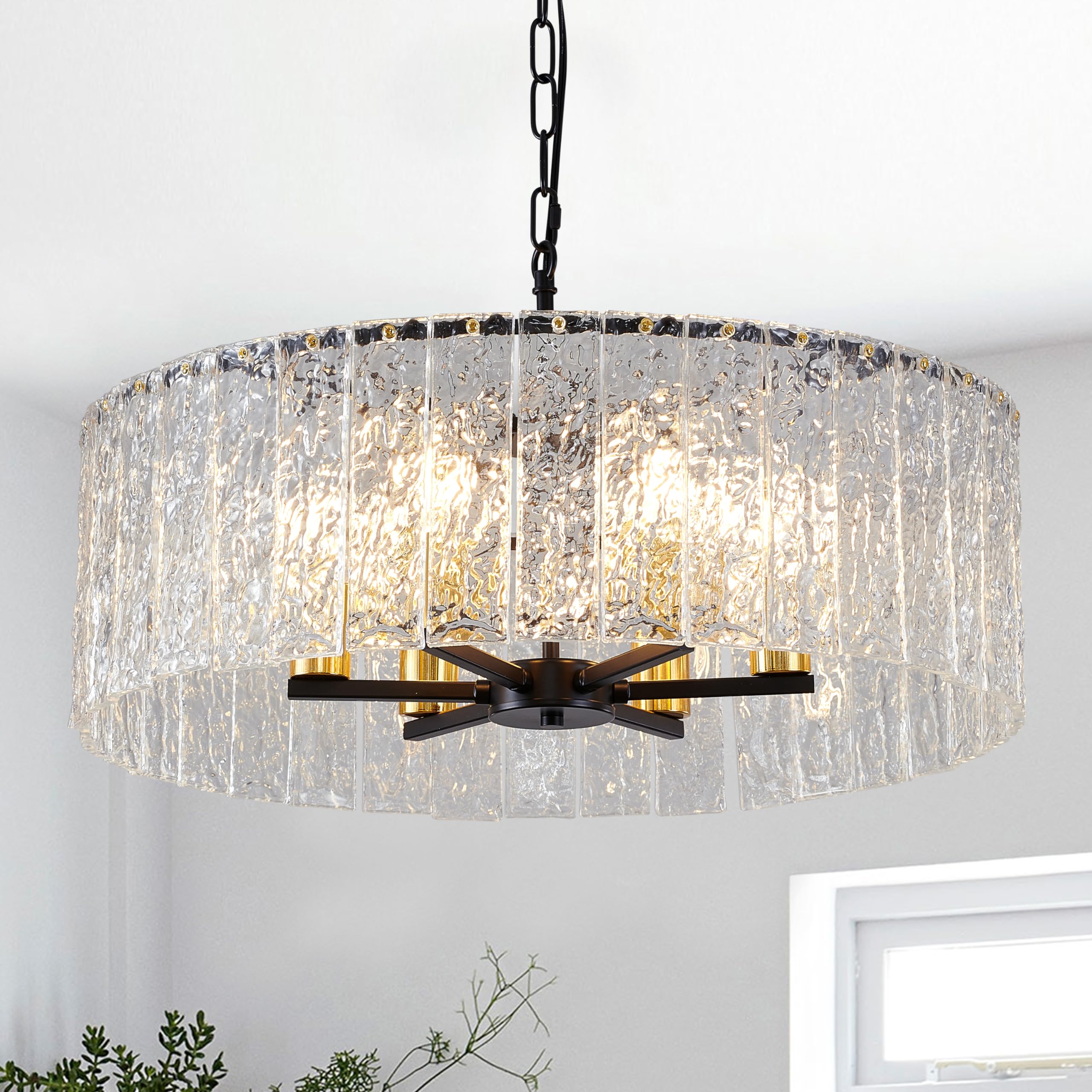 23.8” Modern Crystal Chandeliers for Dining Room 6-Light, Luxury Water Ripple Glass Chandelier Over Table, Black Round Light Fixture Farmhouse for Dining Room Foyer Living Room Bedroom