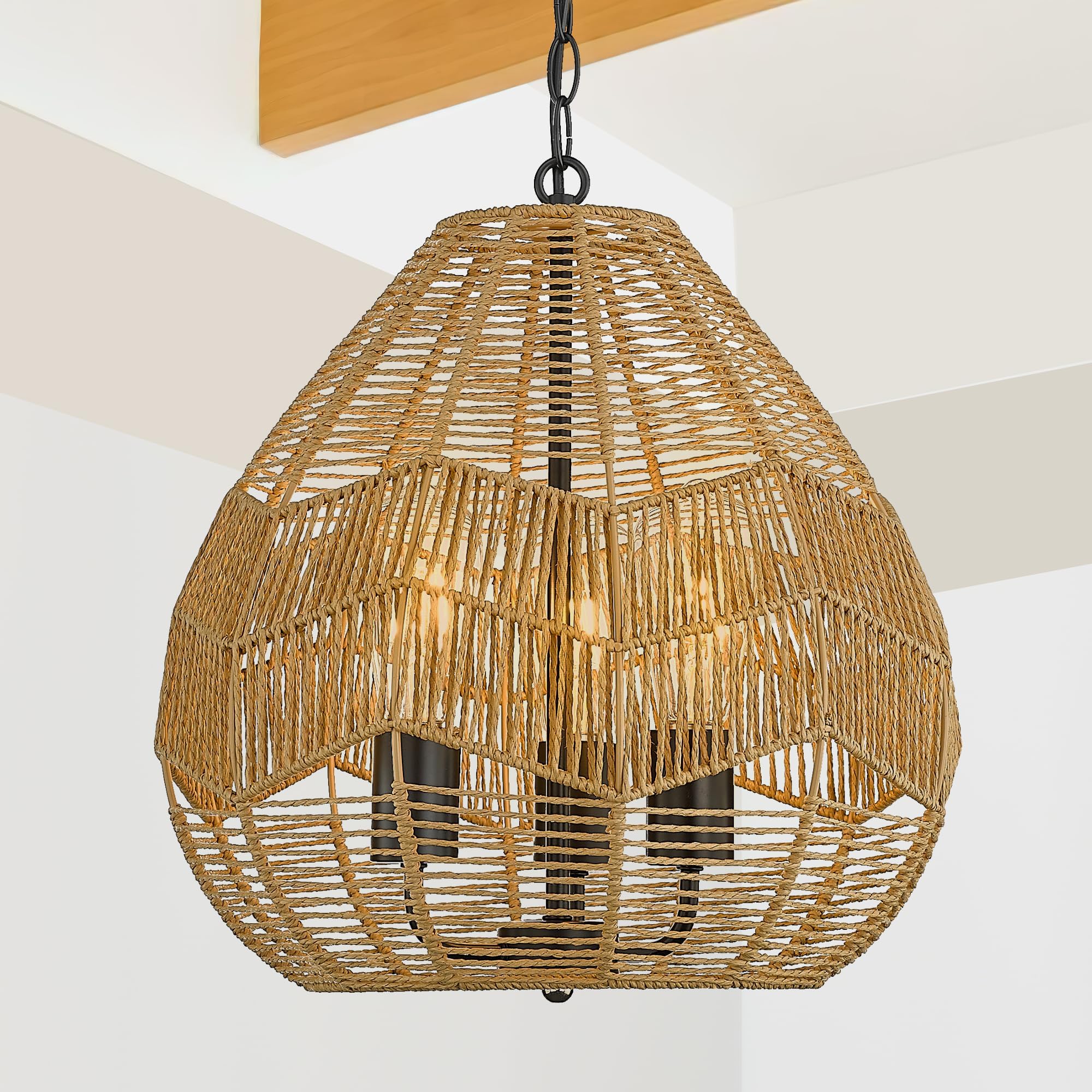 3 Pack Woven Pendant Lights, 7” Modern Boho Hanging Lamp with Handwoven Woven Rattan Shade, Adjustable Farmhouse Coastal Pendant Light Fixtures for Kitchen Island,Dining Room,Bar, Foyer Hallway