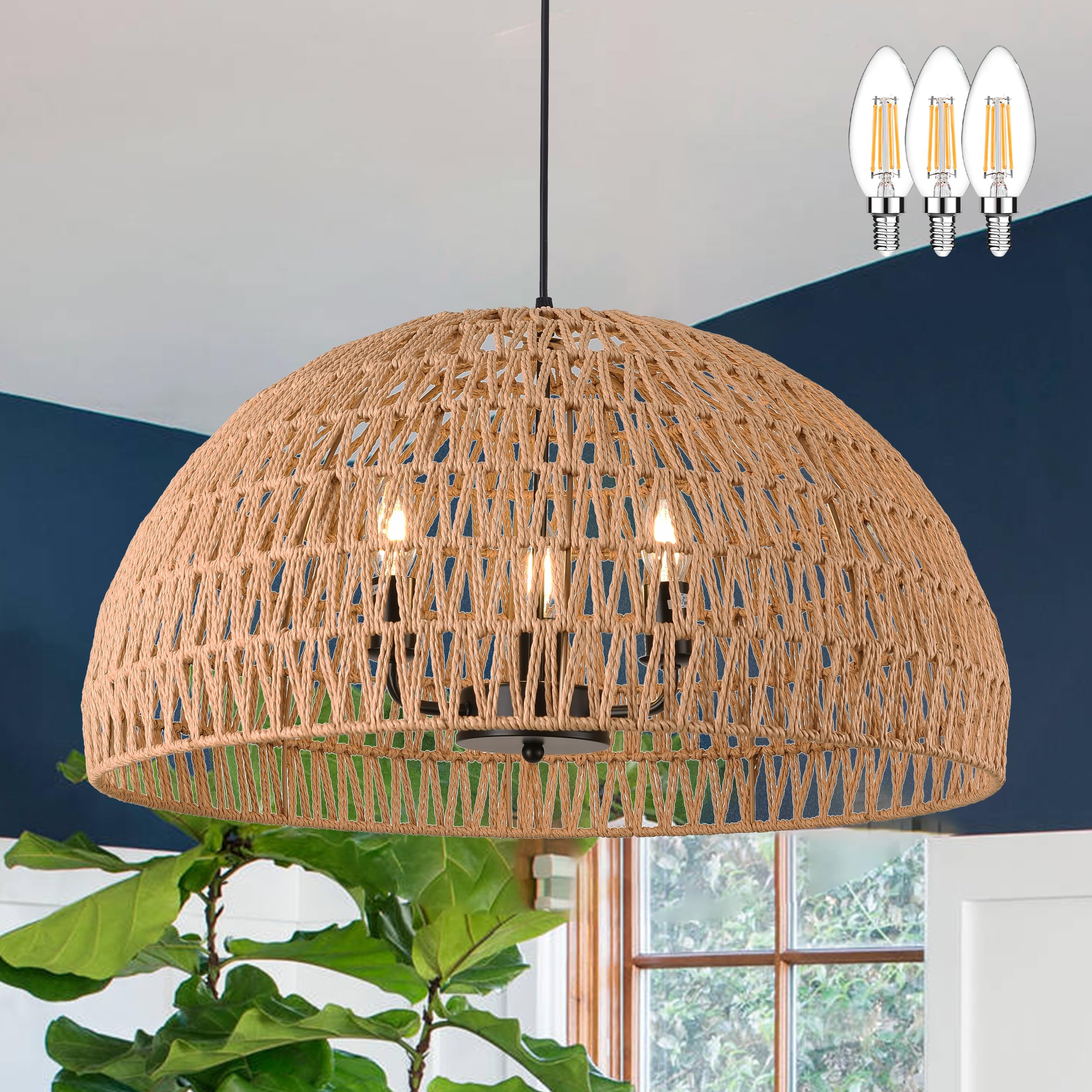 Mini Hemp Rope Woven Pendant Light Woven Light Fixture Boho Chandelier Light Fixture Wicker Pendant Light Rattan Light Pendant Dome Wicker Chandelier for Bedroom Kitchen Island(Bulb Incl.)