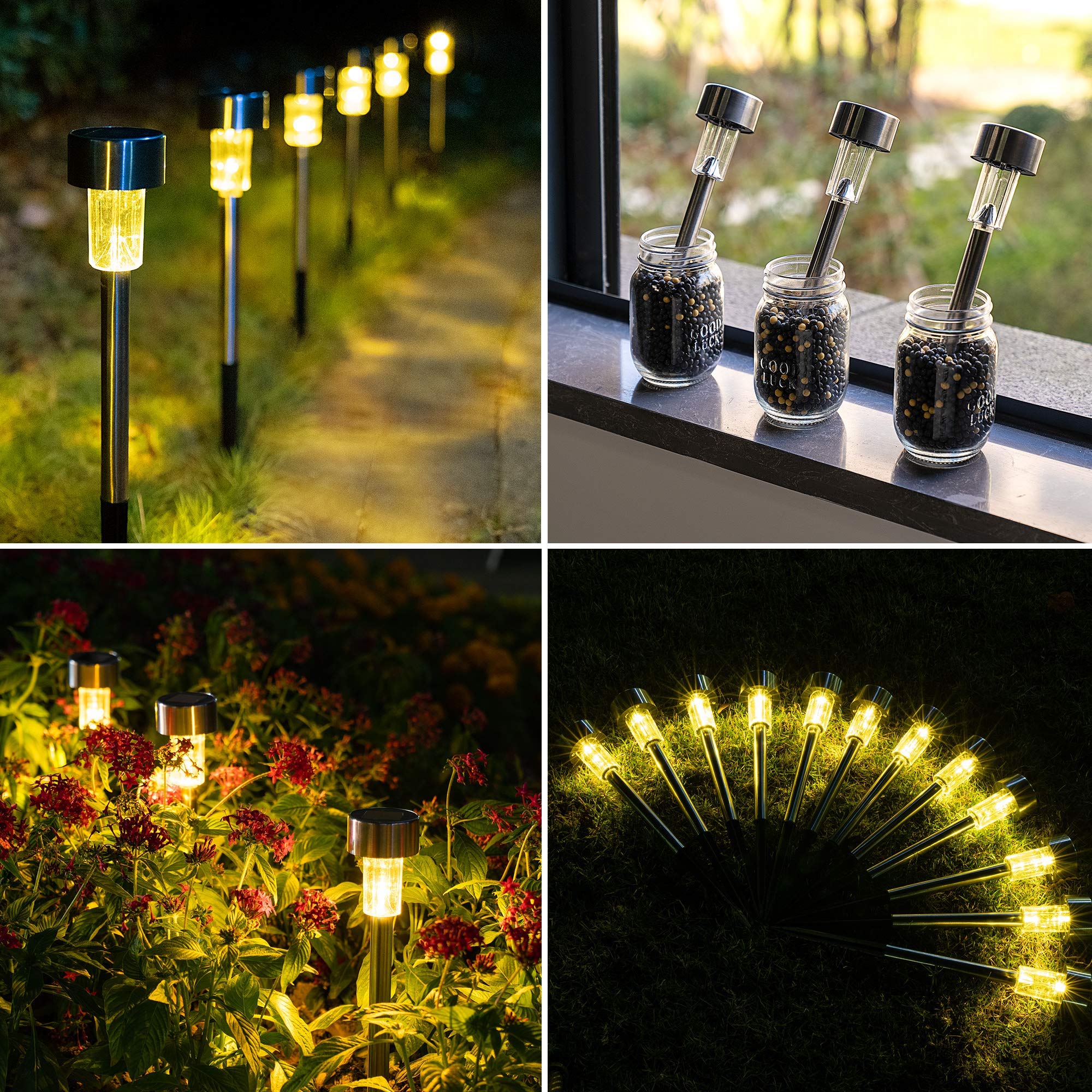 Solar Pathway Lights 12 Pack, Stainless Steel IP44 Waterproof Auto On/Off Outdoor LED Pathway Landscape Solar Lights for Garden, Yard, Patio, Path and Walkway. (Cold White)