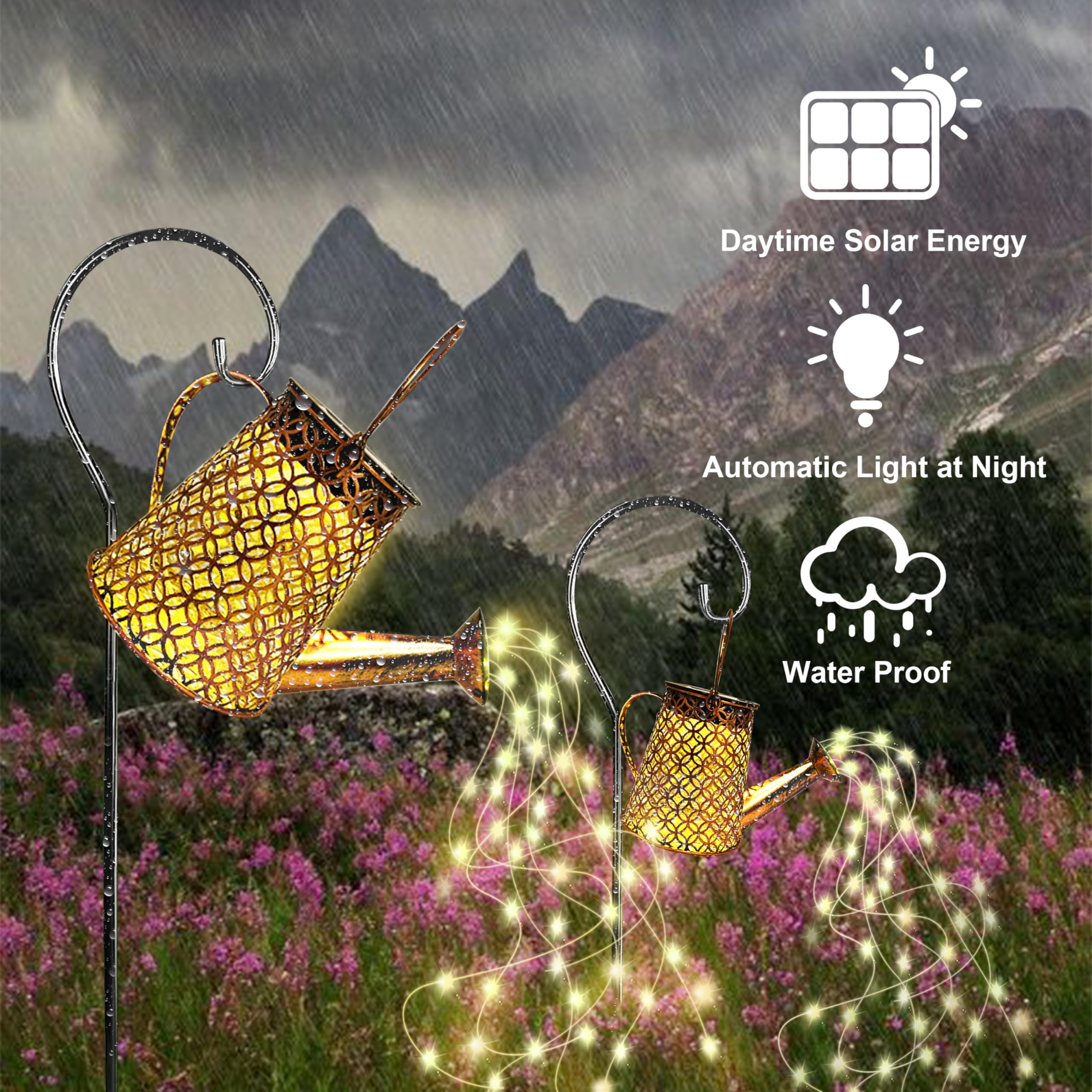 Solar Garden Watering Can Lights,Solar Waterfall Lights with Cascading Lights Waterproof Charging Board,Garden Decor for Outside,Outdoor Solar Light String Fairy LED Hanging Lantern for Yard Decor SY