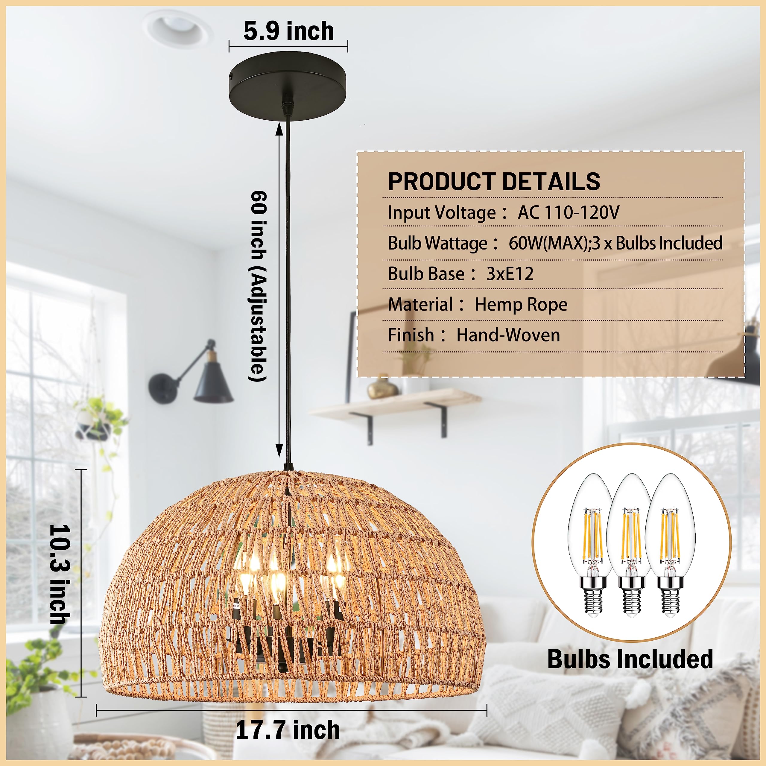 Mini Hemp Rope Woven Pendant Light Woven Light Fixture Boho Chandelier Light Fixture Wicker Pendant Light Rattan Light Pendant Dome Wicker Chandelier for Bedroom Kitchen Island(Bulb Incl.)