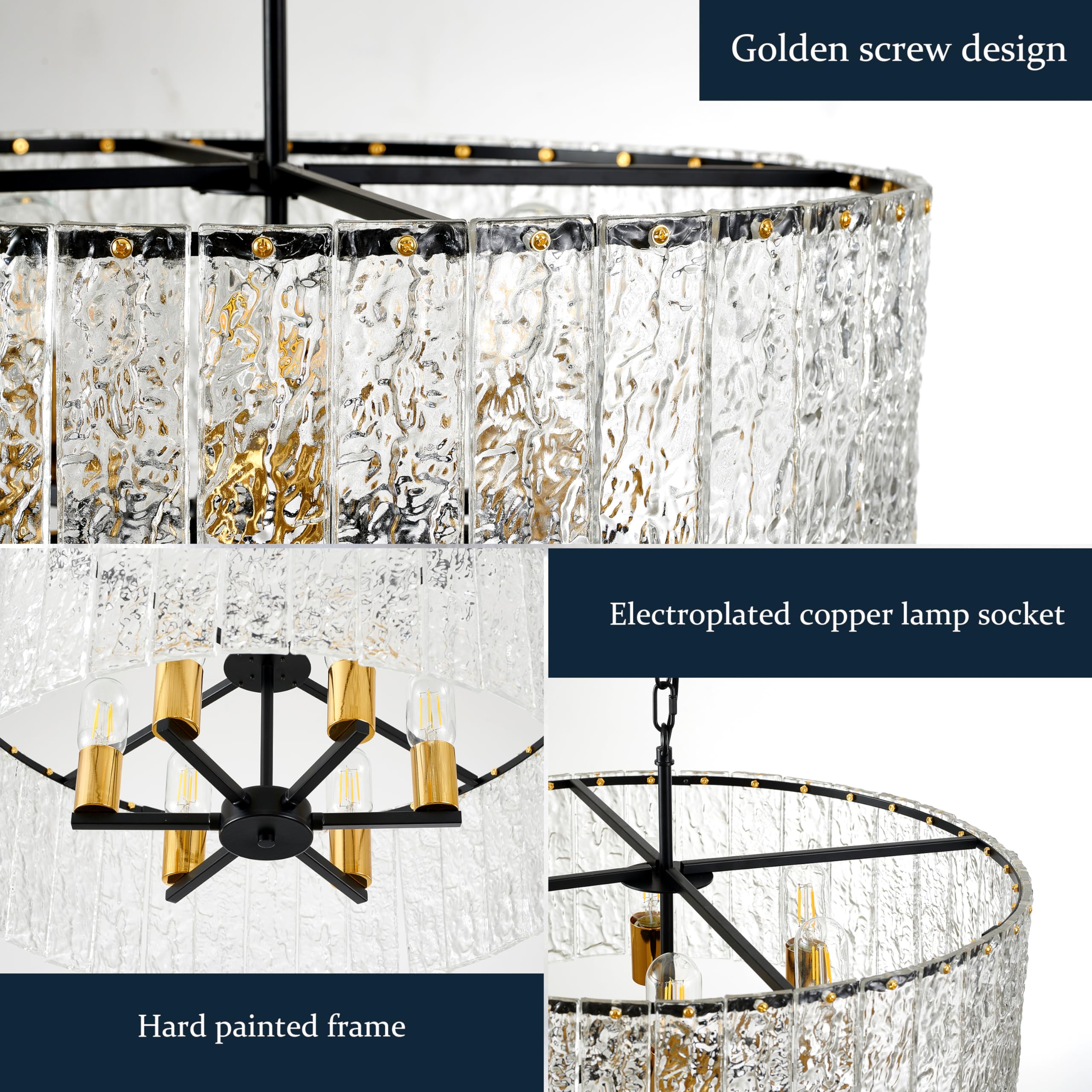 23.8” Modern Crystal Chandeliers for Dining Room 6-Light, Luxury Water Ripple Glass Chandelier Over Table, Black Round Light Fixture Farmhouse for Dining Room Foyer Living Room Bedroom